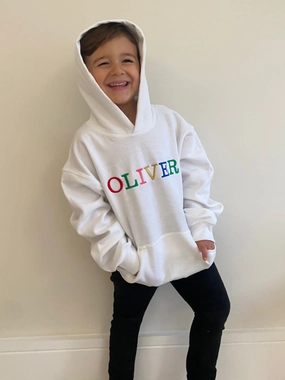 Warm Feel Warm Lining Toby Children's Unisex Multicoloured Text Personalised Hoodie / White