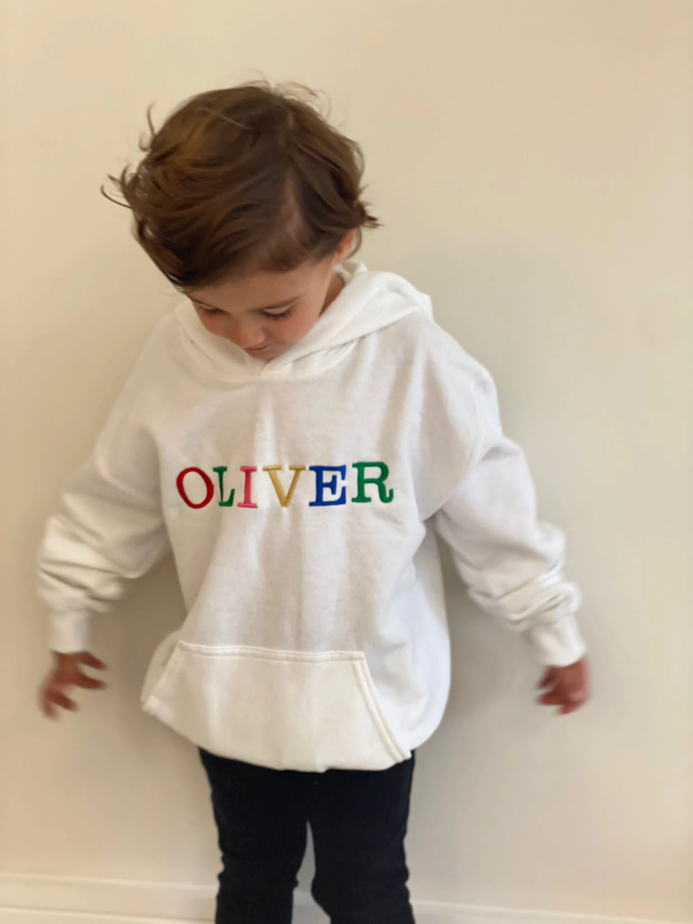 Toby Children's Unisex Multicoloured Text Personalised Hoodie / White Sleek Waist Outdoor Fit