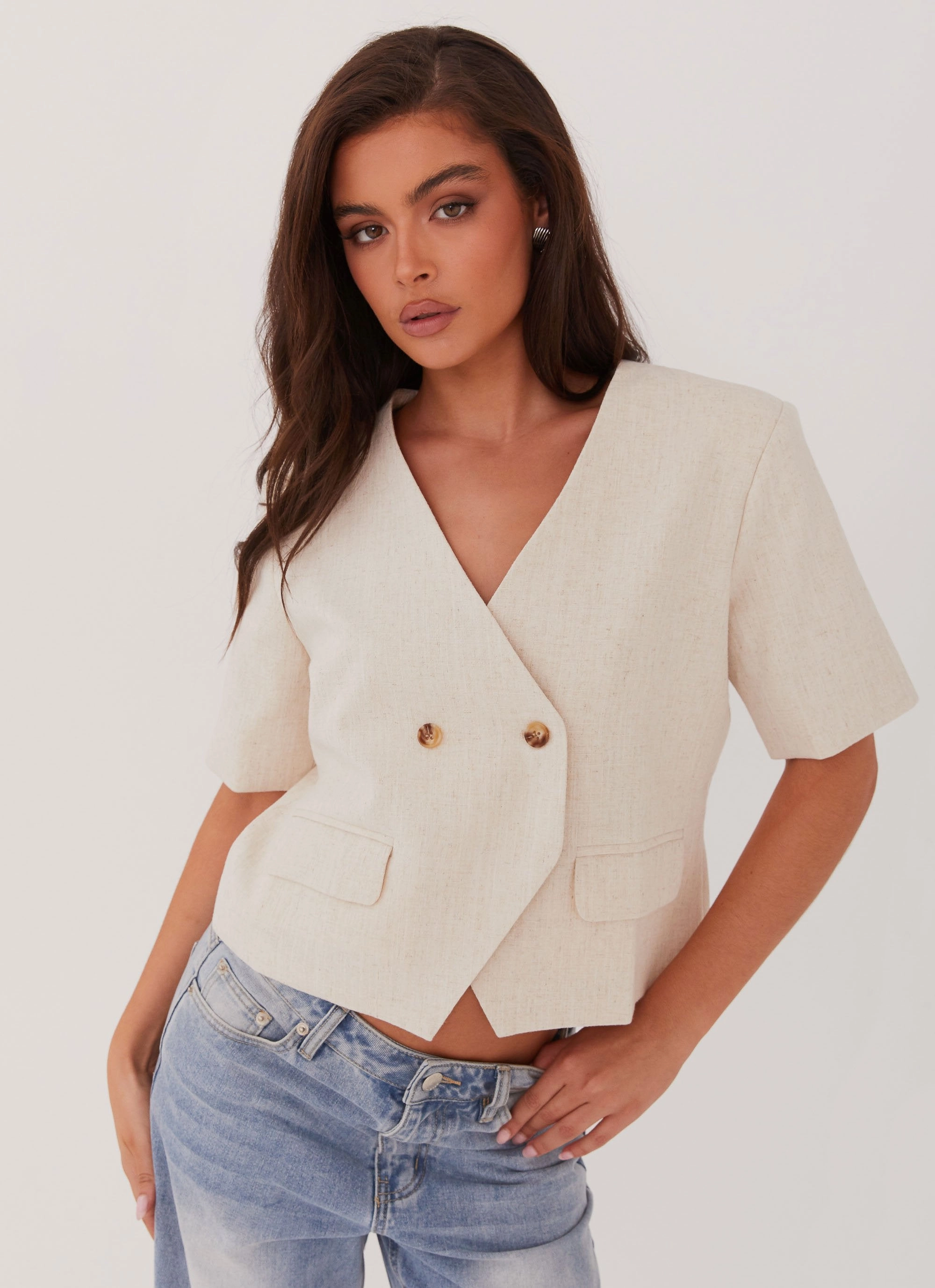 Breathable Microfiber Wool Sweater Hacienda Linen Short Sleeve Blazer - Oatmeal