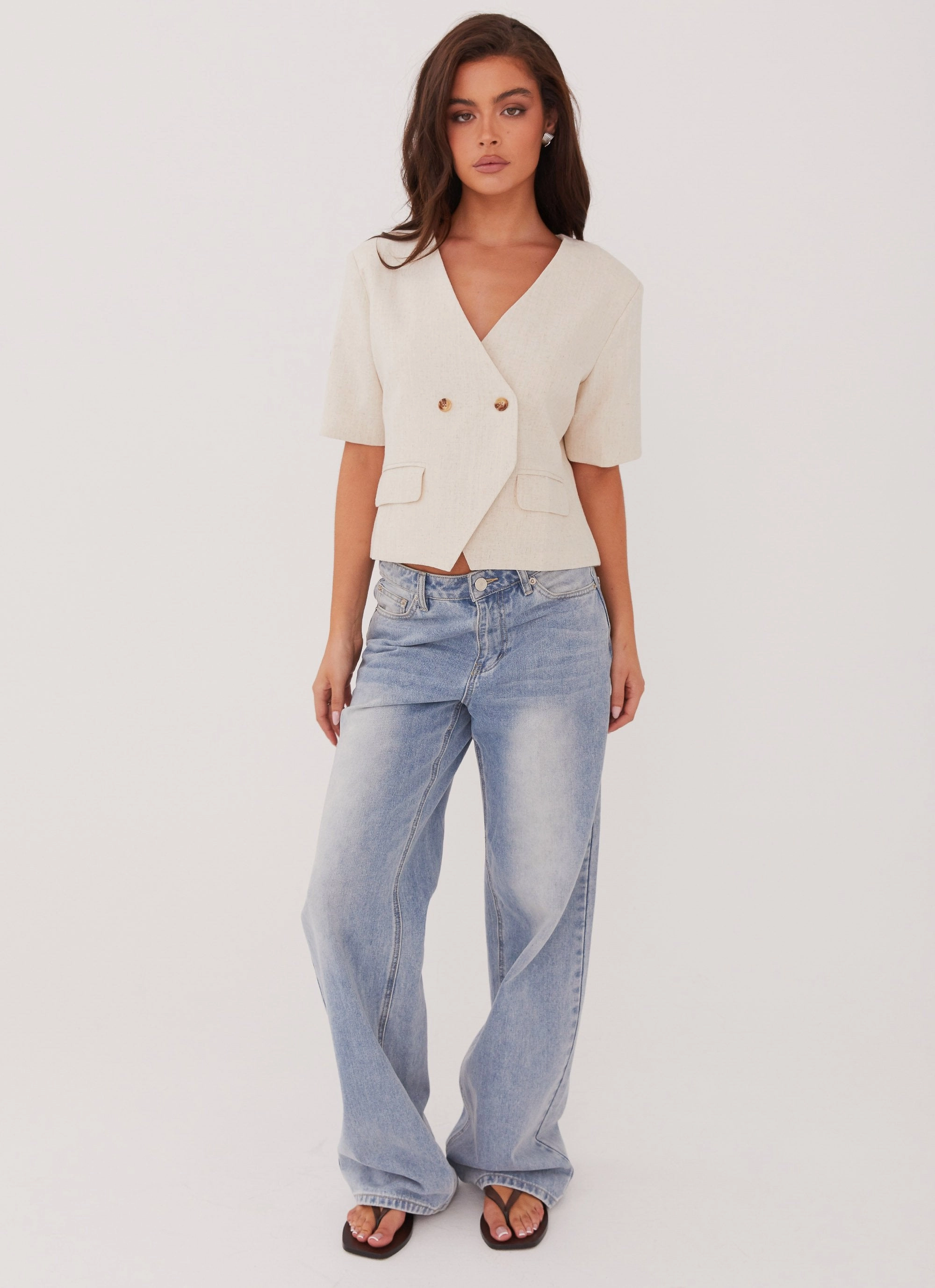 Hacienda Linen Short Sleeve Blazer - Oatmeal CushionedSupport