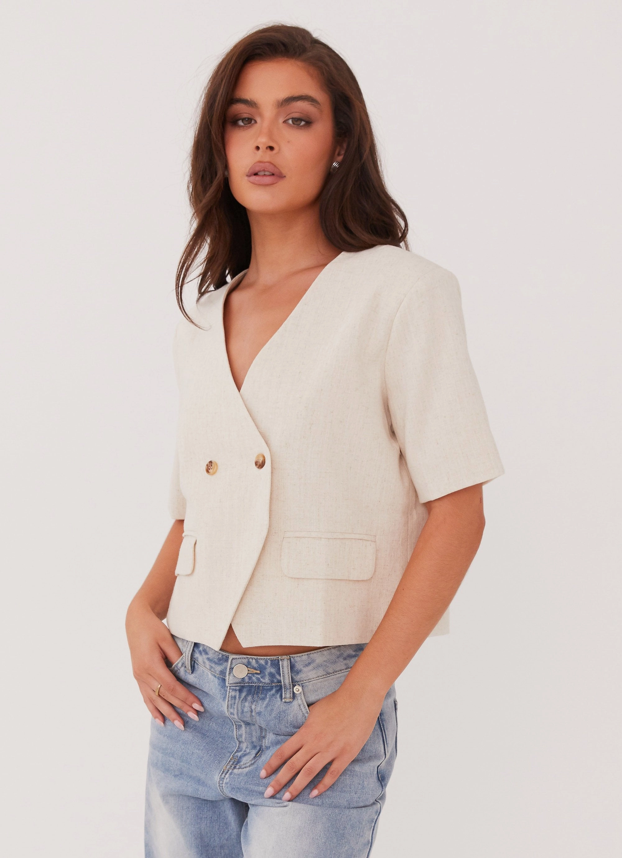 Hacienda Linen Short Sleeve Blazer - Oatmeal UltraLightweight