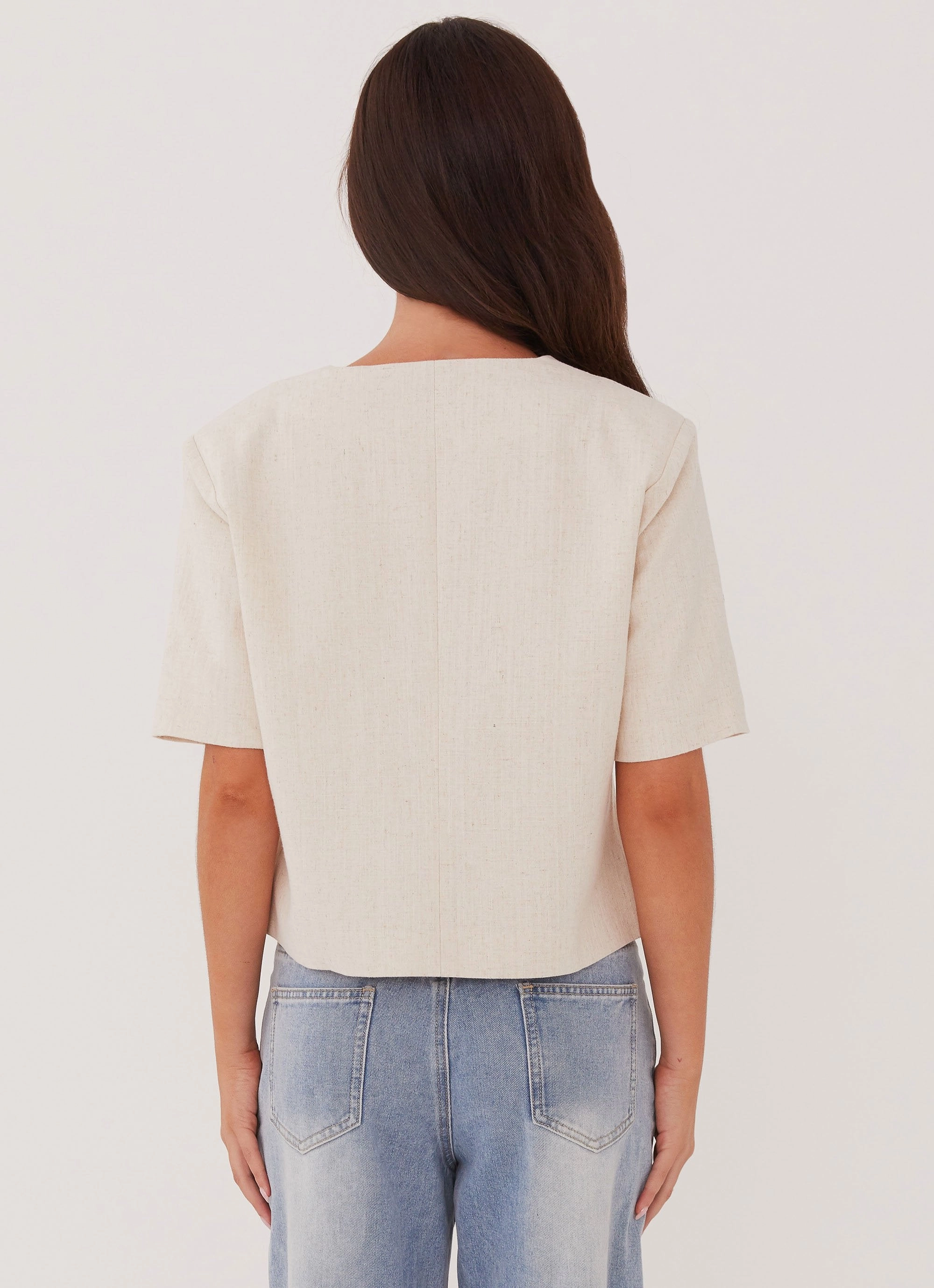HighElasticity Thread Hacienda Linen Short Sleeve Blazer - Oatmeal