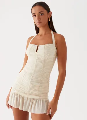 Toni Halter Mini dress - Lemon Perforated Detail Toni Halter Mini dress - Lemon Tailored Silhouette Neutral Toned Stitching