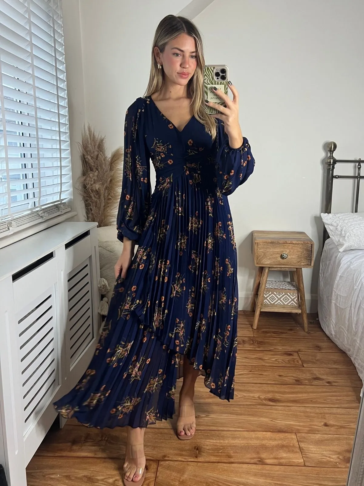 Toni Long Sleeved Pleated Maxi Dress / Navy Floral Versatile occasion dress Perfect Layer