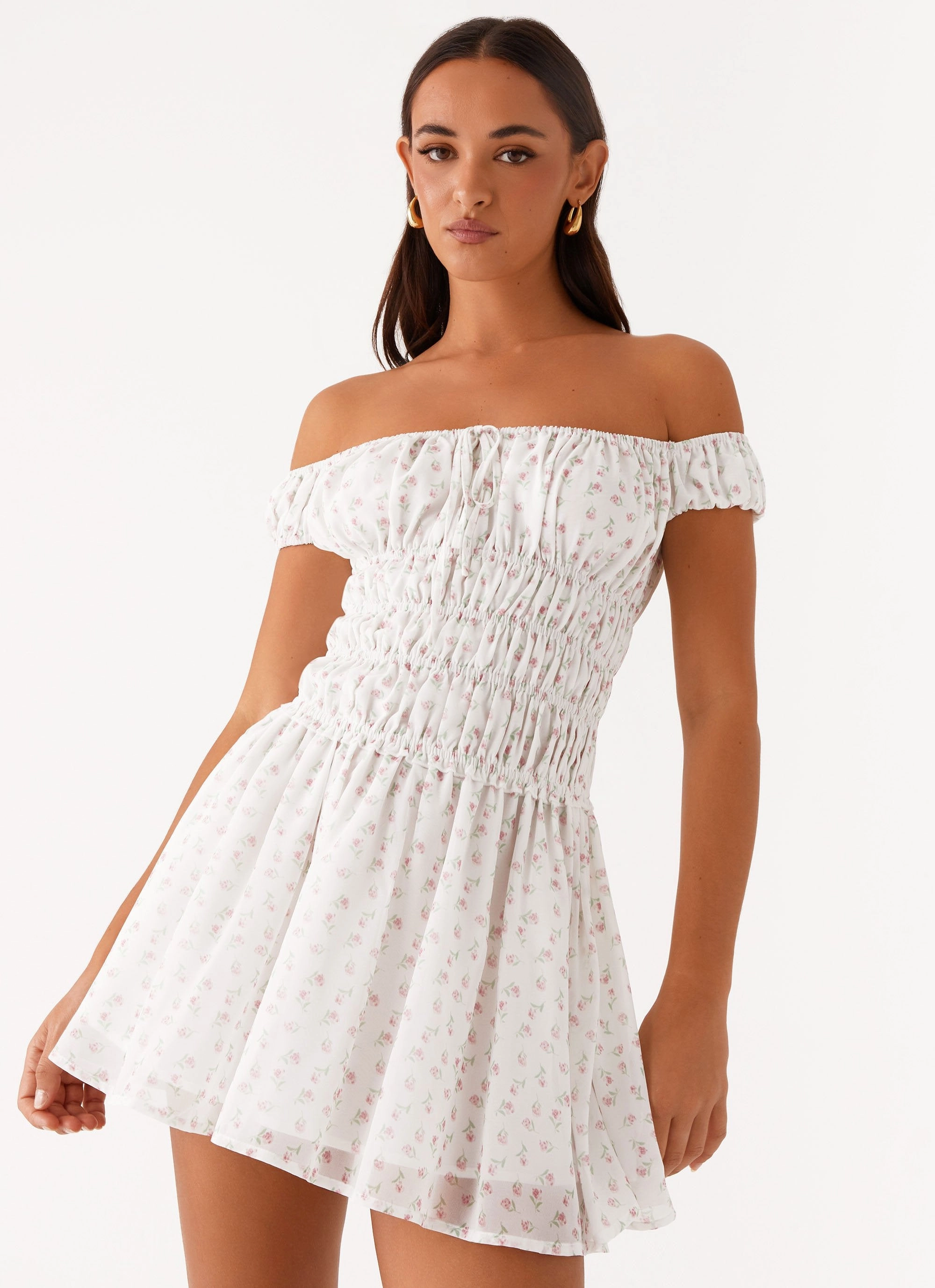 Sustainable-Lining Versatile Touch Total Bliss Shirred Mini Dress - White Floral