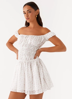Total Bliss Shirred Mini Dress - White Floral Versatile Cut Trend Fit