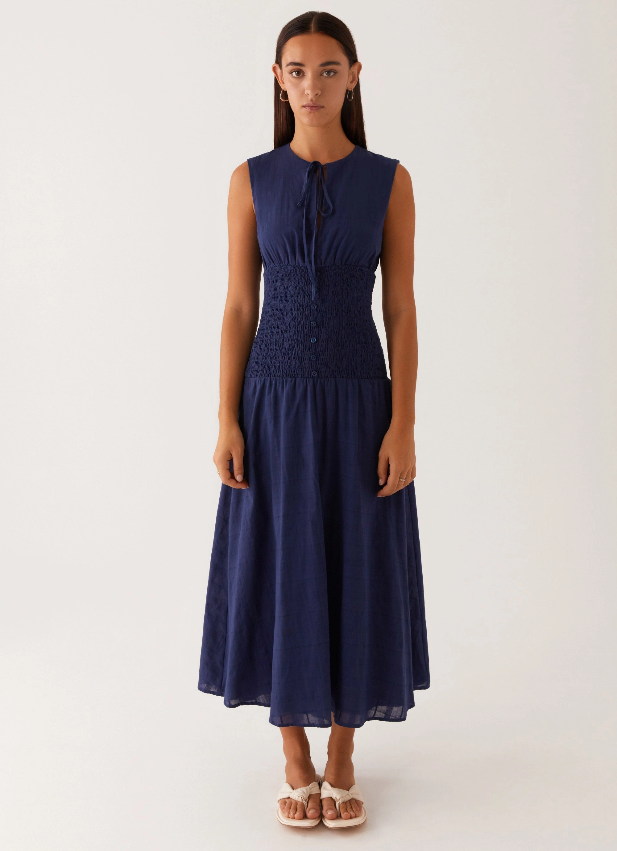 Flattering Shape Design Belle Shirred Waist Midi Dress - Navy