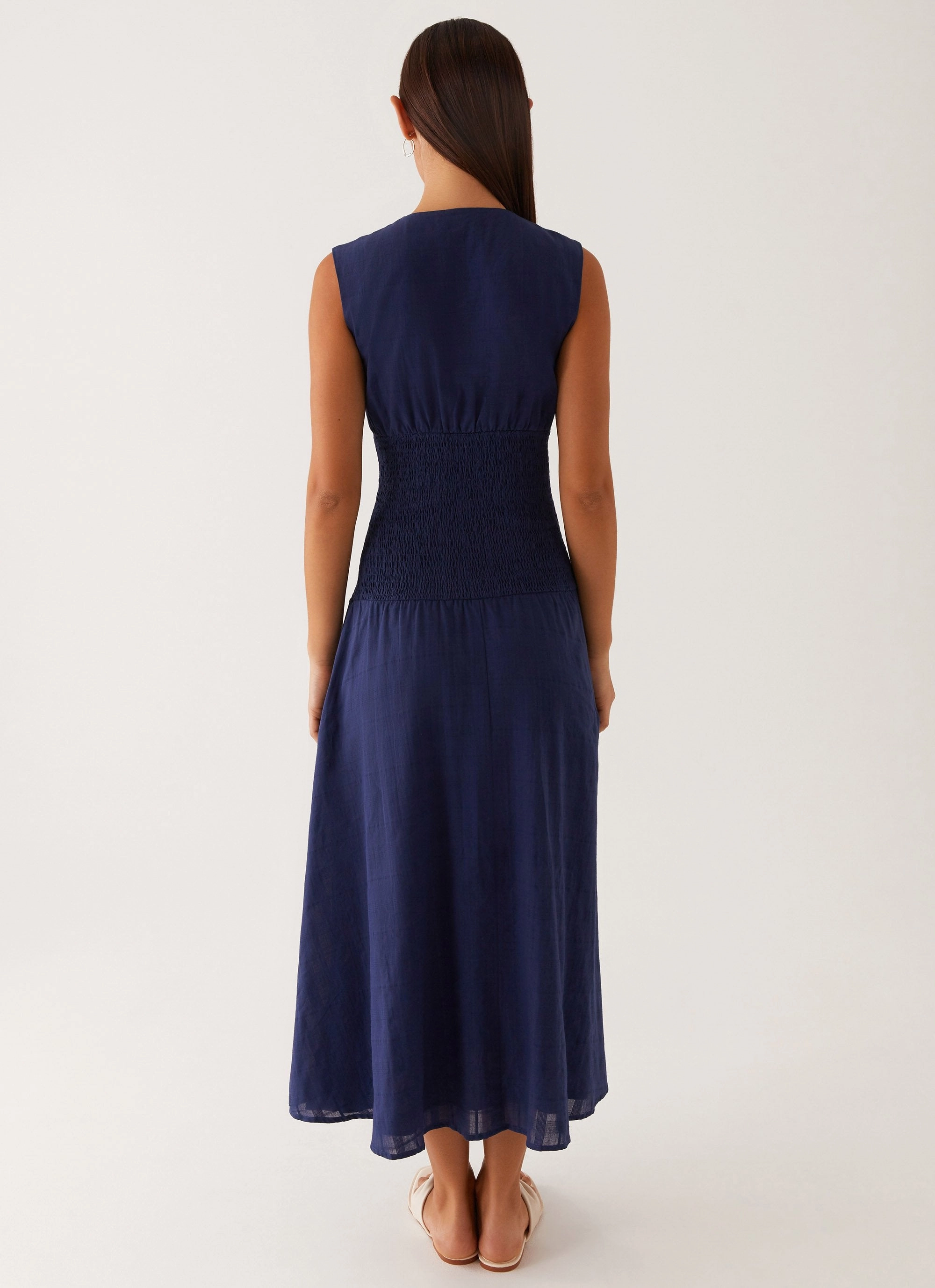 Belle Shirred Waist Midi Dress - Navy Work Fitwear Stylish Choice