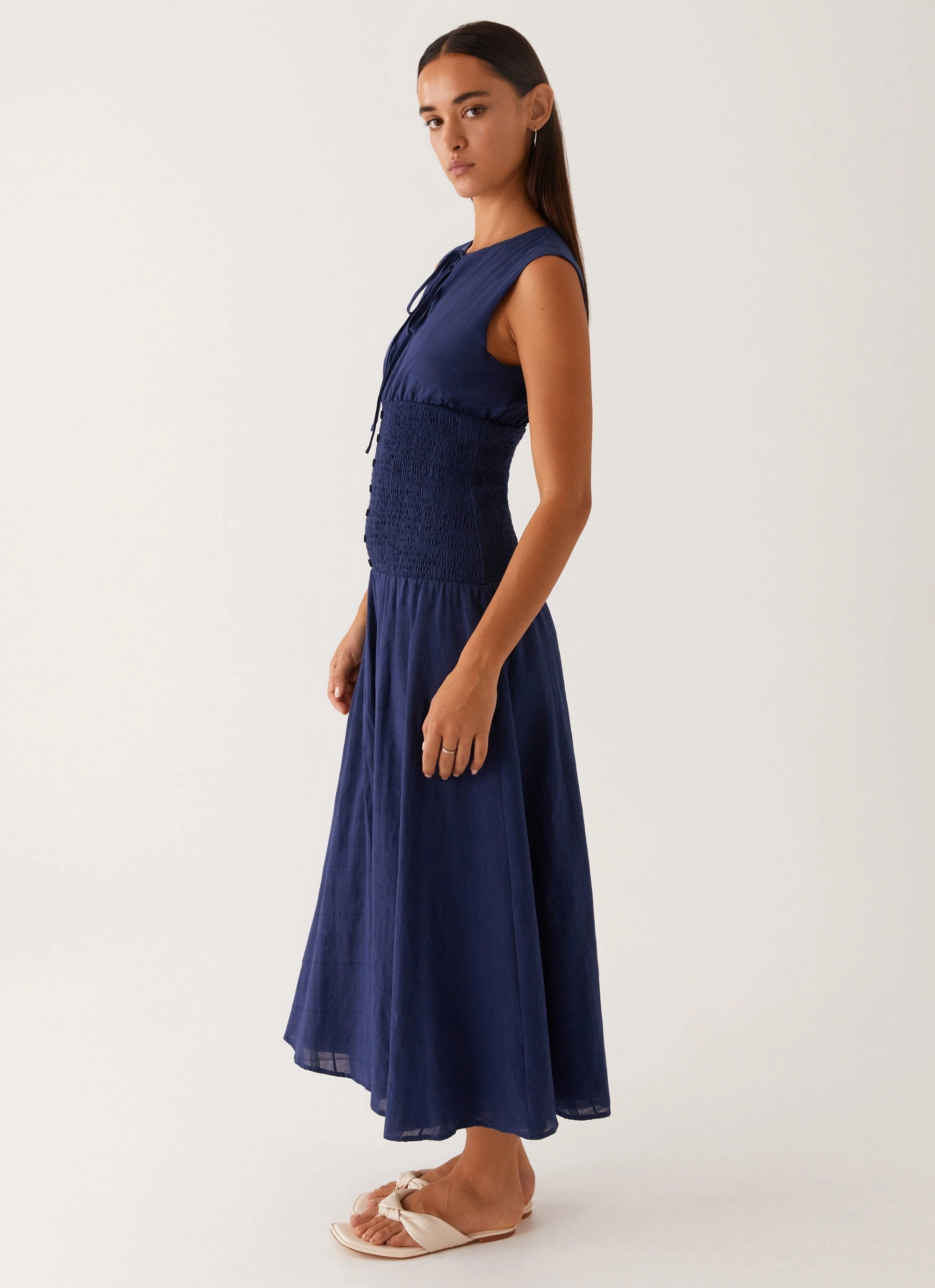 Belle Shirred Waist Midi Dress - Navy Modern and Feminine