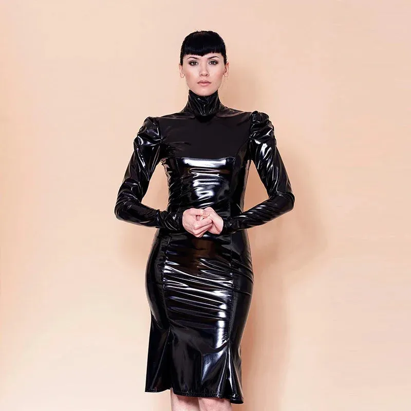 Trend4us Plus Size Glossy Latex Turtleneck Midi Dress