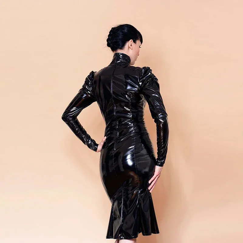 Trend4us Plus Size Glossy Latex Turtleneck Midi Dress