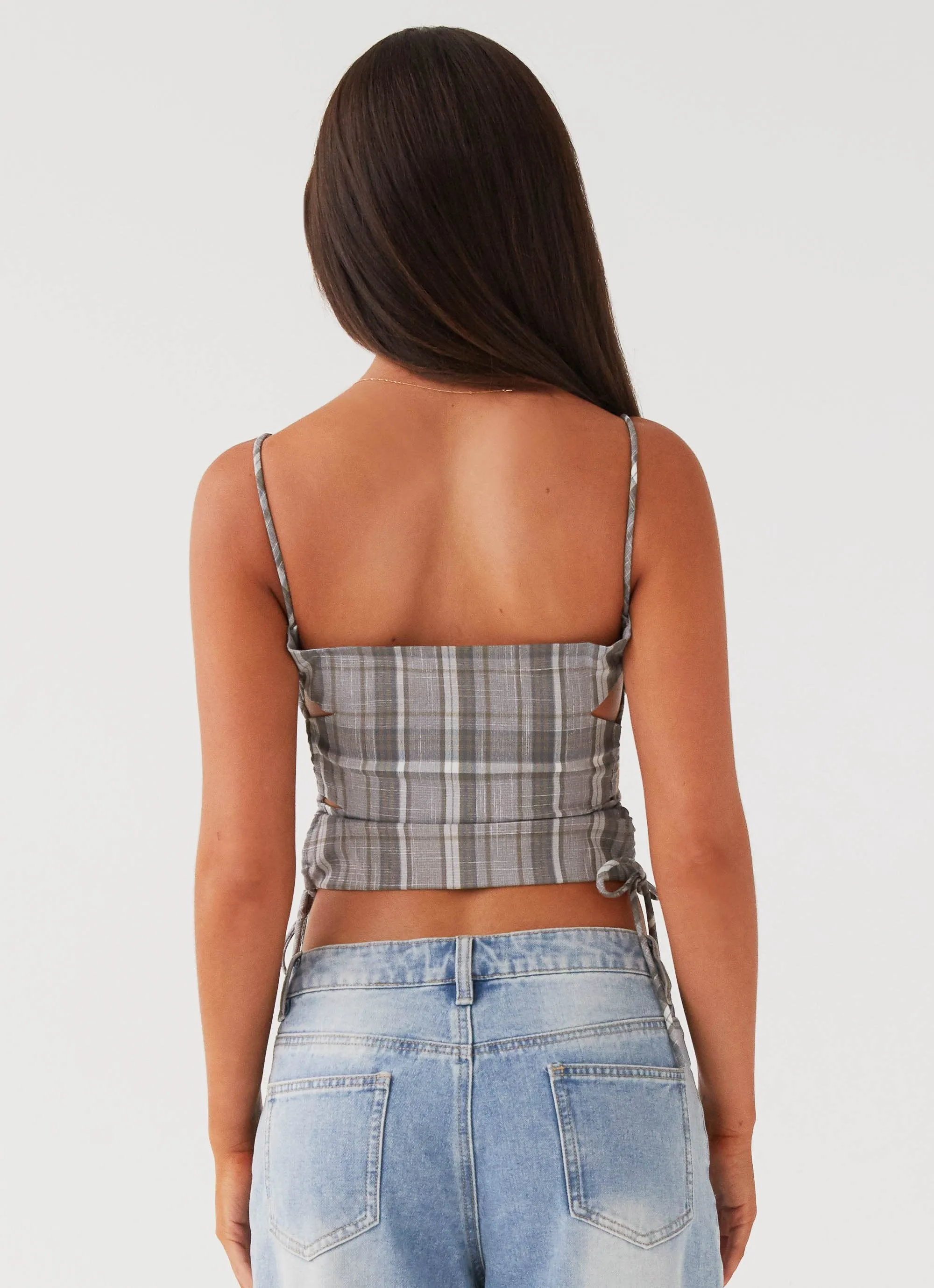Trista Tie Top - Grey Tartan Lightweight Weave Material HiddenZipper