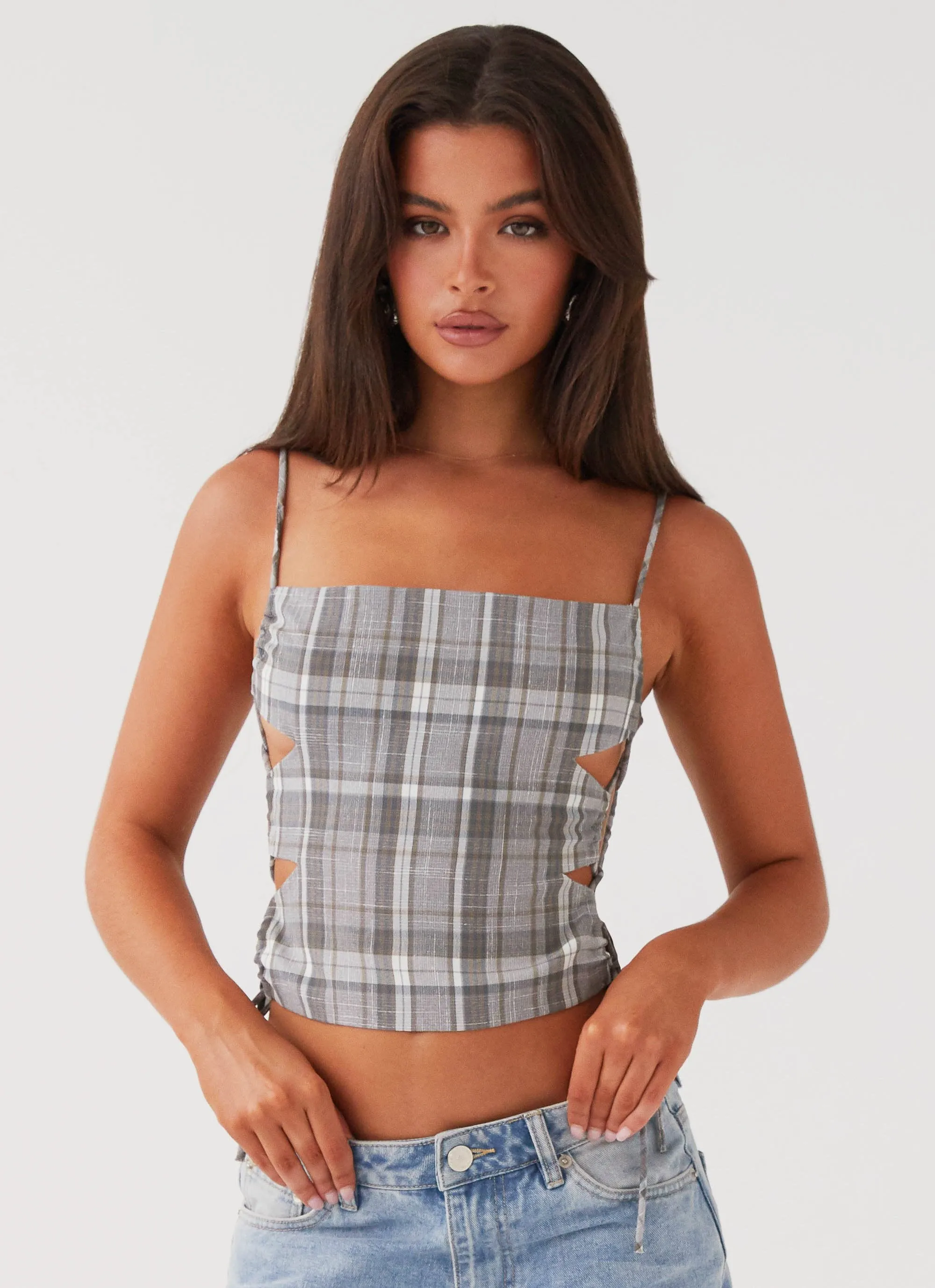 Trista Tie Top - Grey Tartan Hidden Zipper Closure