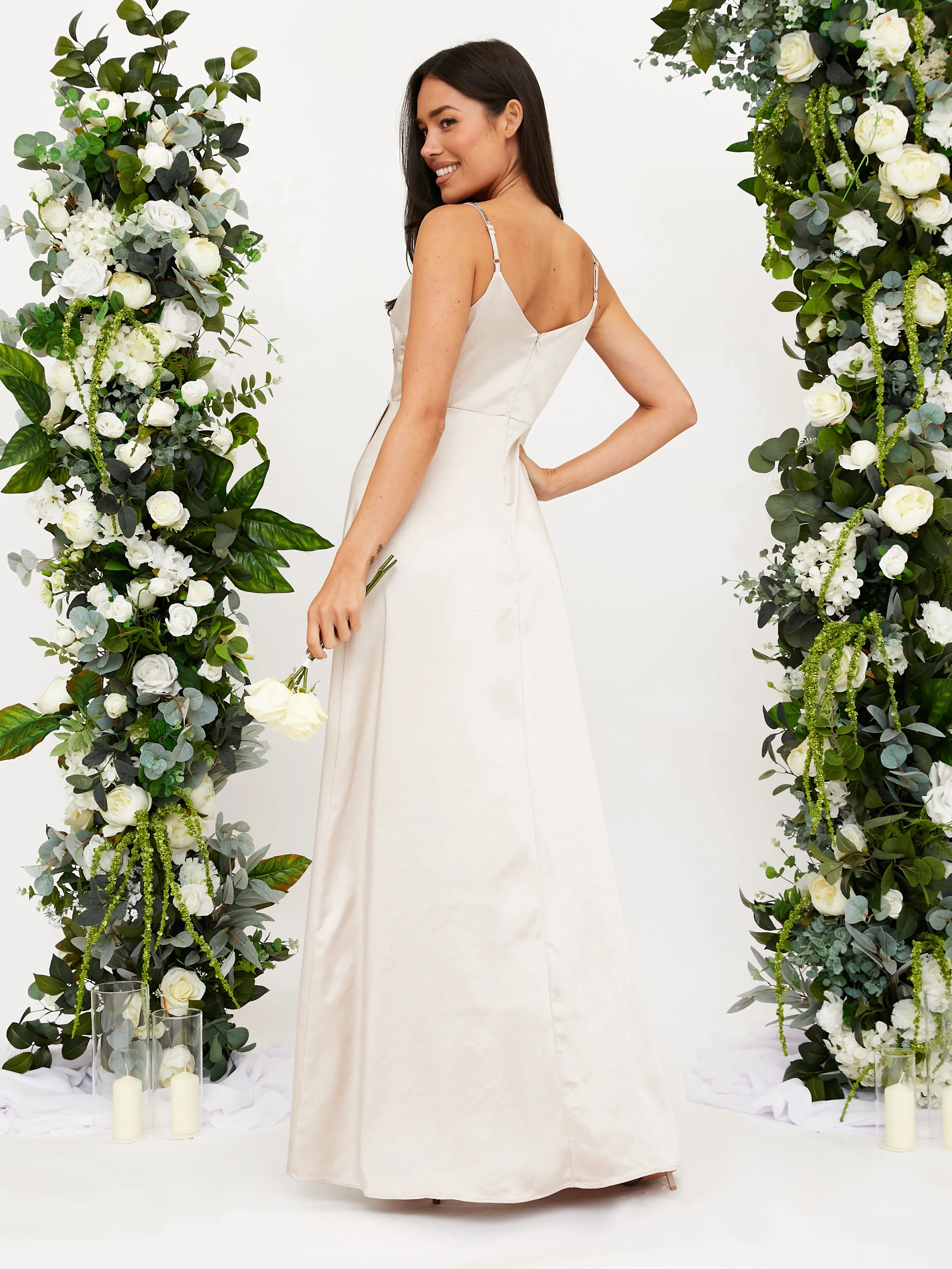 Office Fit Daily Silhouette Diamante Strap Maxi Satin Dress / Champagne