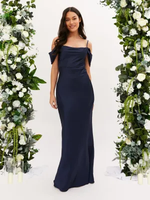 Versatile Style Wear Cowl Neck Maxi Satin Dress / Navy