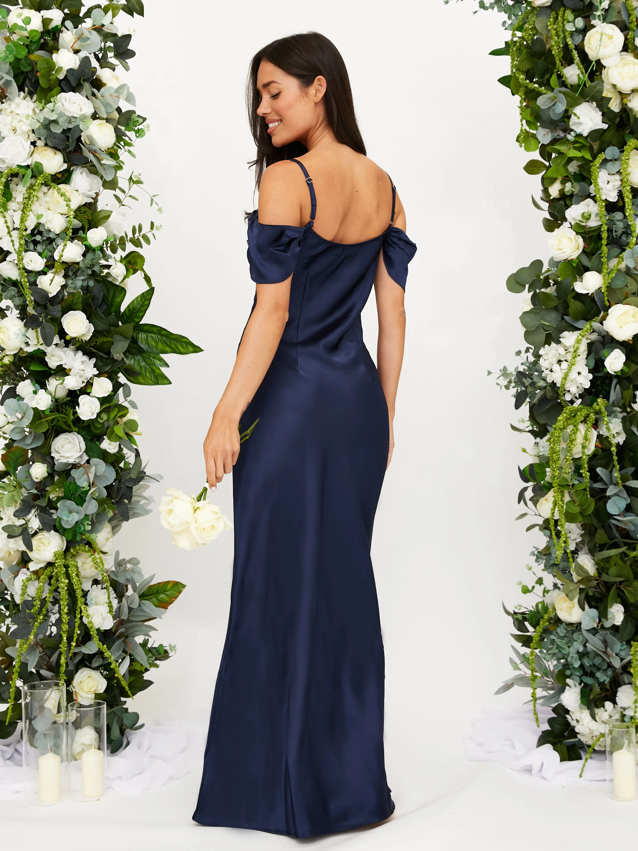 Cowl Neck Maxi Satin Dress / Navy Seamless-Look