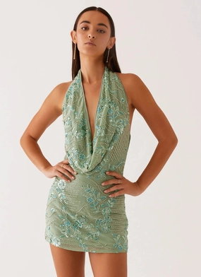 Trendy Comfort Olisa Cowl Neck Beaded Mini Dress - Mint Olisa Cowl Neck Beaded Mini Dress - Mint Soft Movement