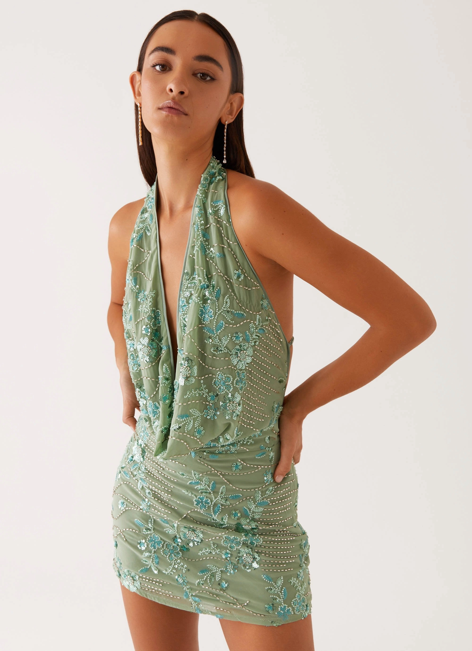 Olisa Cowl Neck Beaded Mini Dress - Mint High-Low-Hem