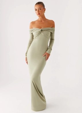 Marla Long Sleeve Maxi Dress - Sage Silky Shape Vintage feel