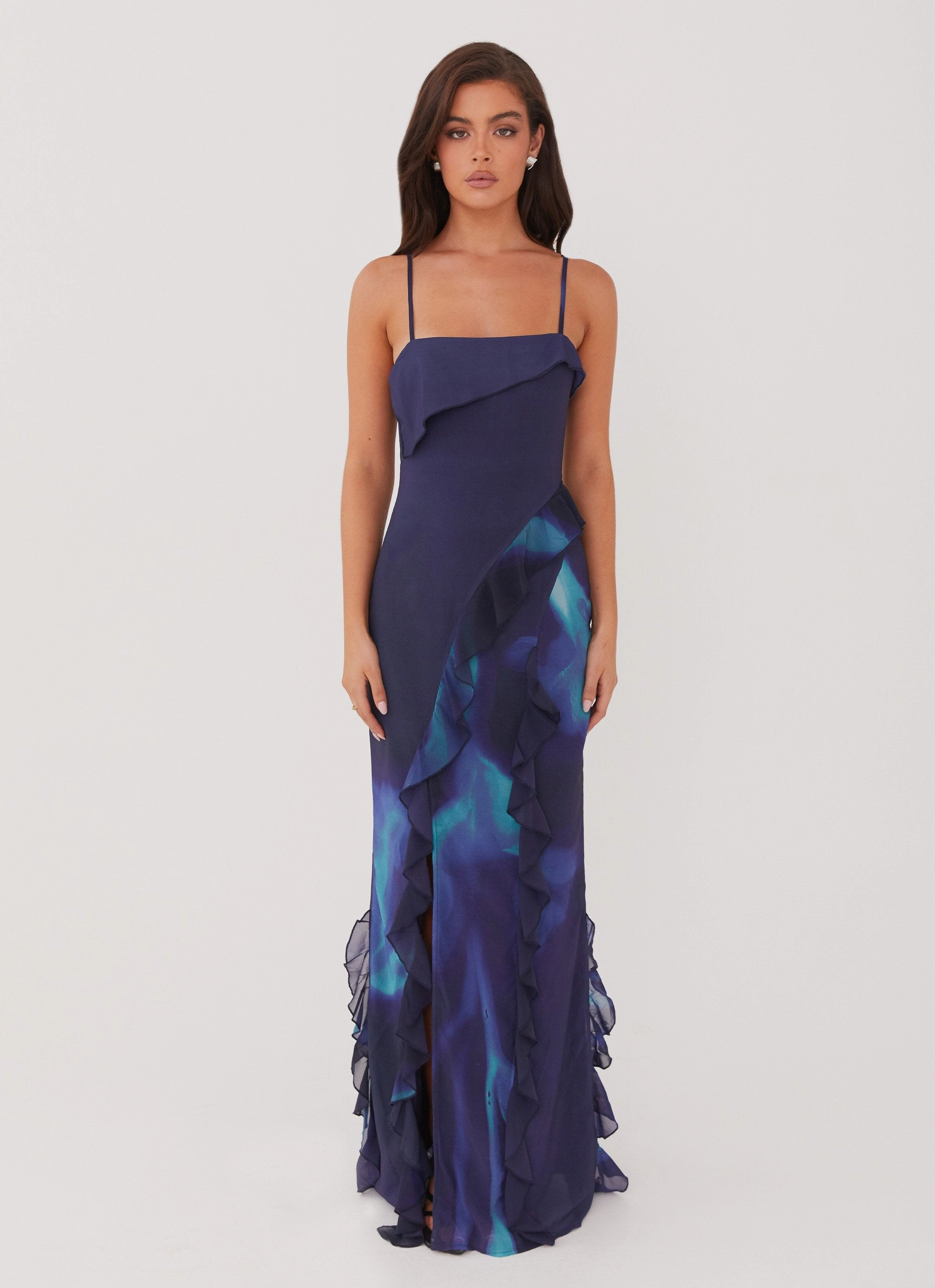 Jewel Tones Shiny Zip Do No Wrong Ruffle Maxi Dress - Cyber Rose