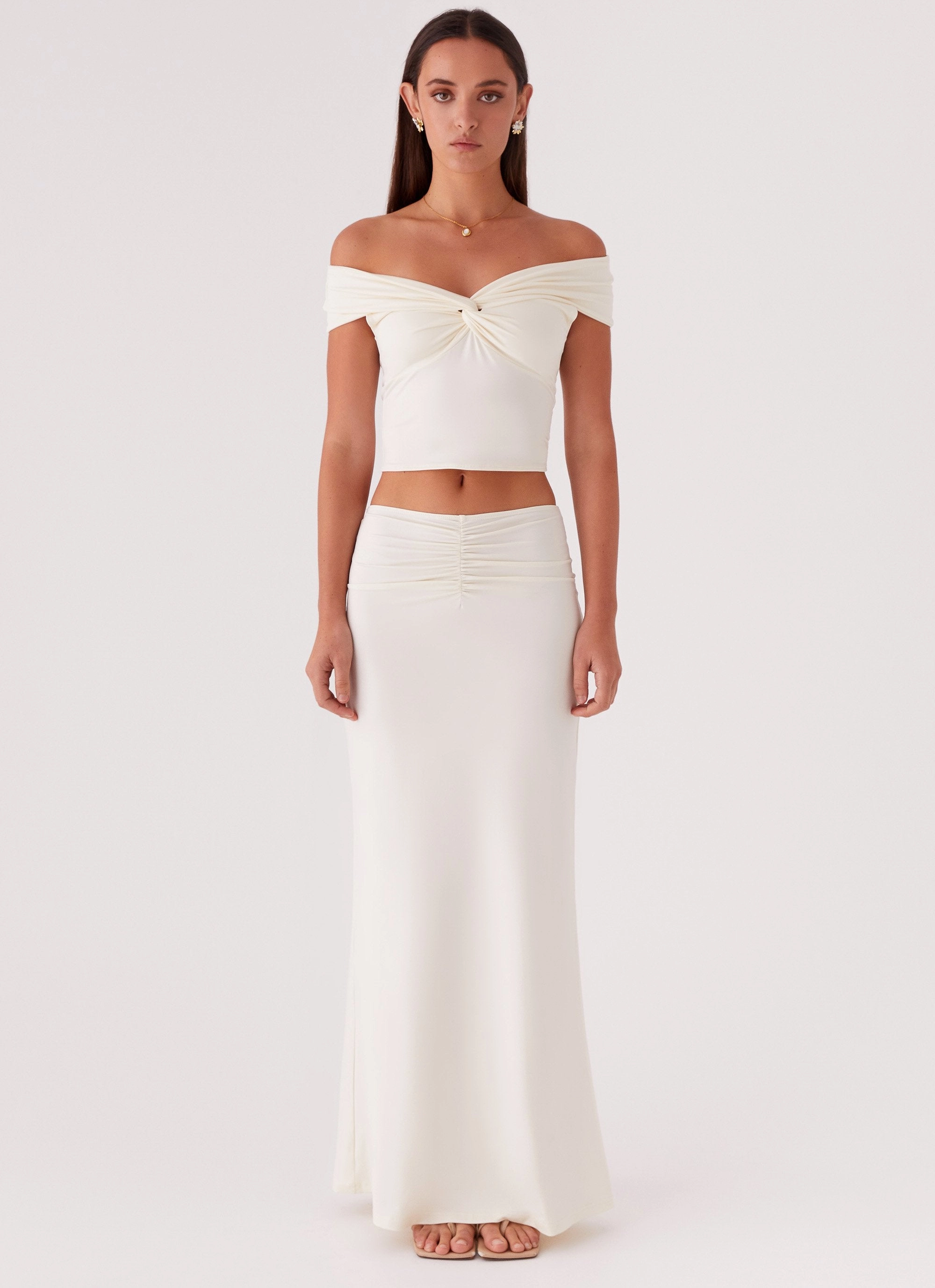 Trixie Twist Off Shoulder Top - Ivory Reinforced Neckline Detail