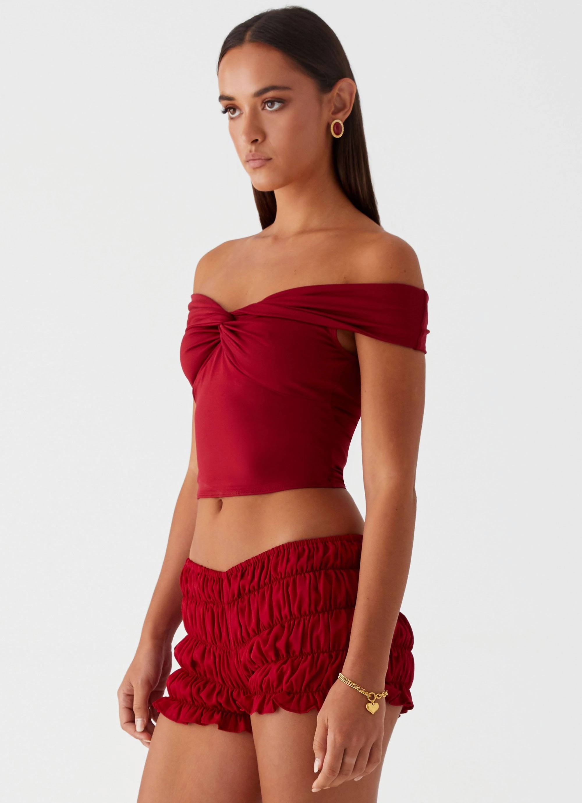 LowMaintenanceFabric DurableDoubleLayeredHem Trixie Twist Off Shoulder Top - Maroon