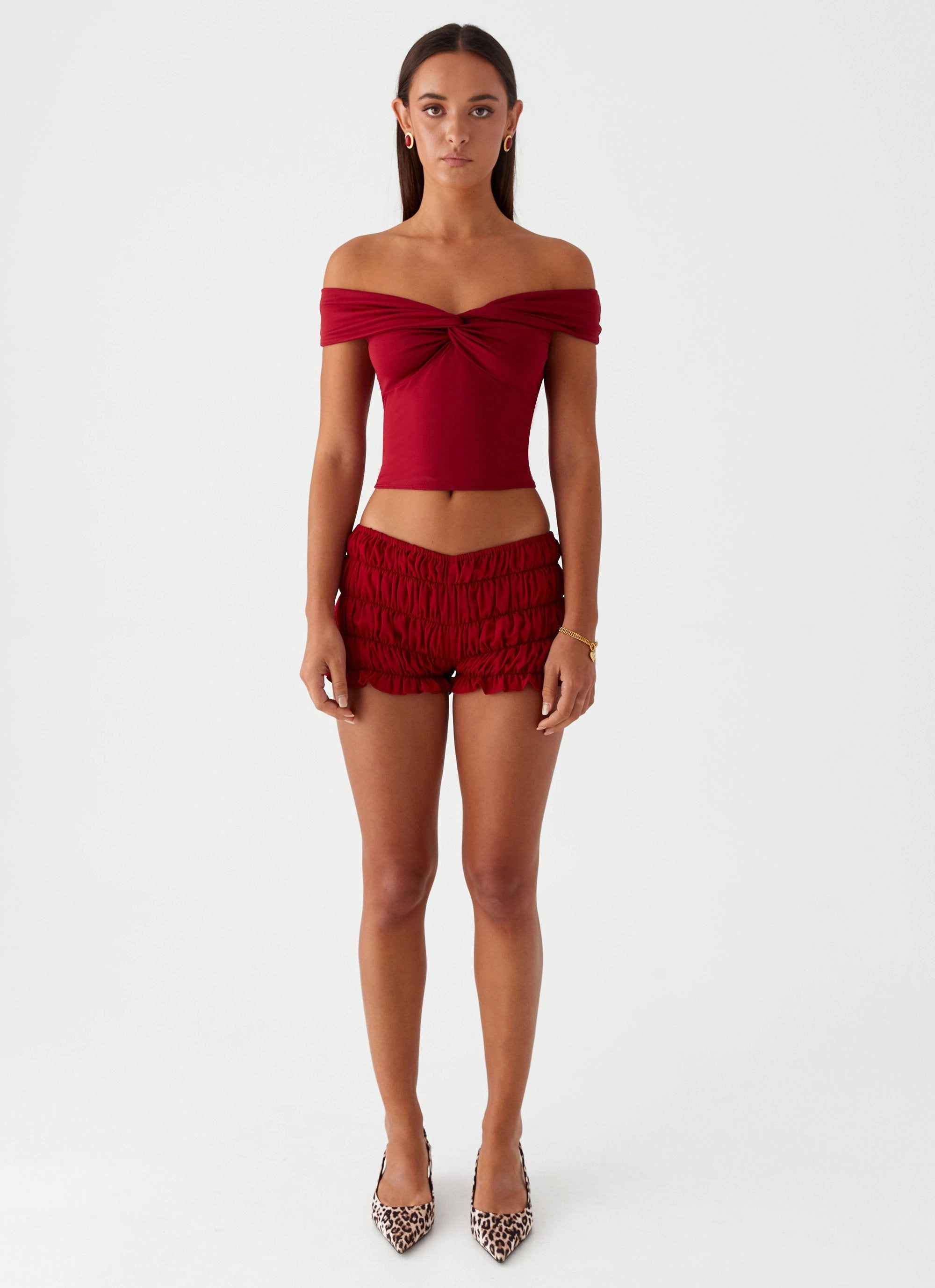 Trixie Twist Off Shoulder Top - Maroon Heat Regulating Fabric WideNeckline