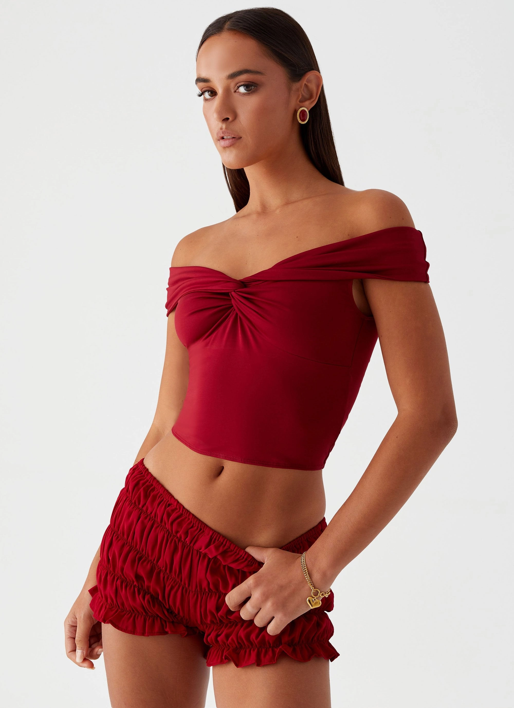 Trixie Twist Off Shoulder Top - Maroon Reflective Accent Stripes