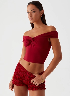 Trixie Twist Off Shoulder Top - Maroon Minimalist Contrast Stitching Trixie Twist Off Shoulder Top - Maroon Reflective Accent Stripes