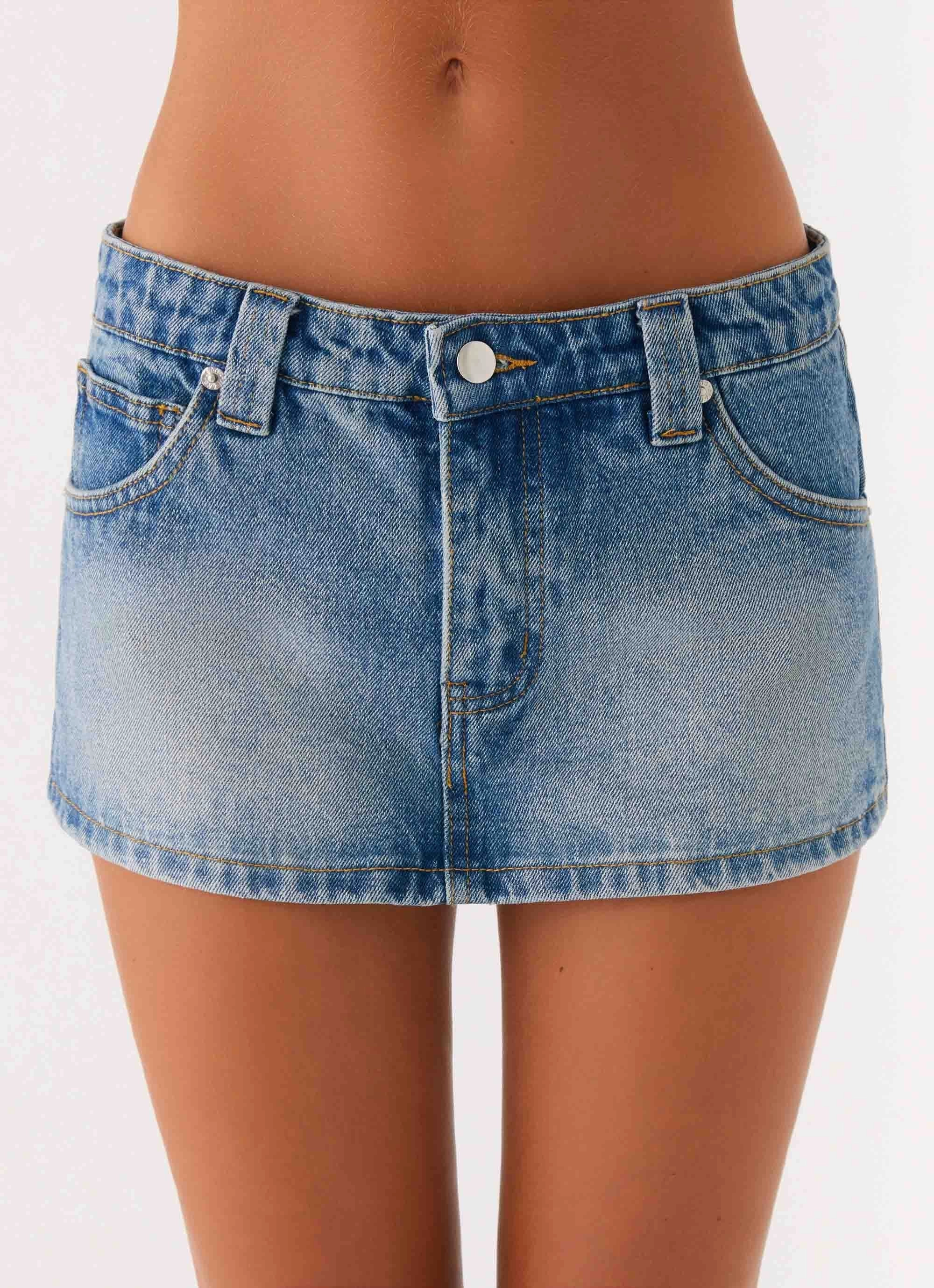 Tropics Low Rise Denim Mini Skort - Mid Wash Blue Sleek and Soft