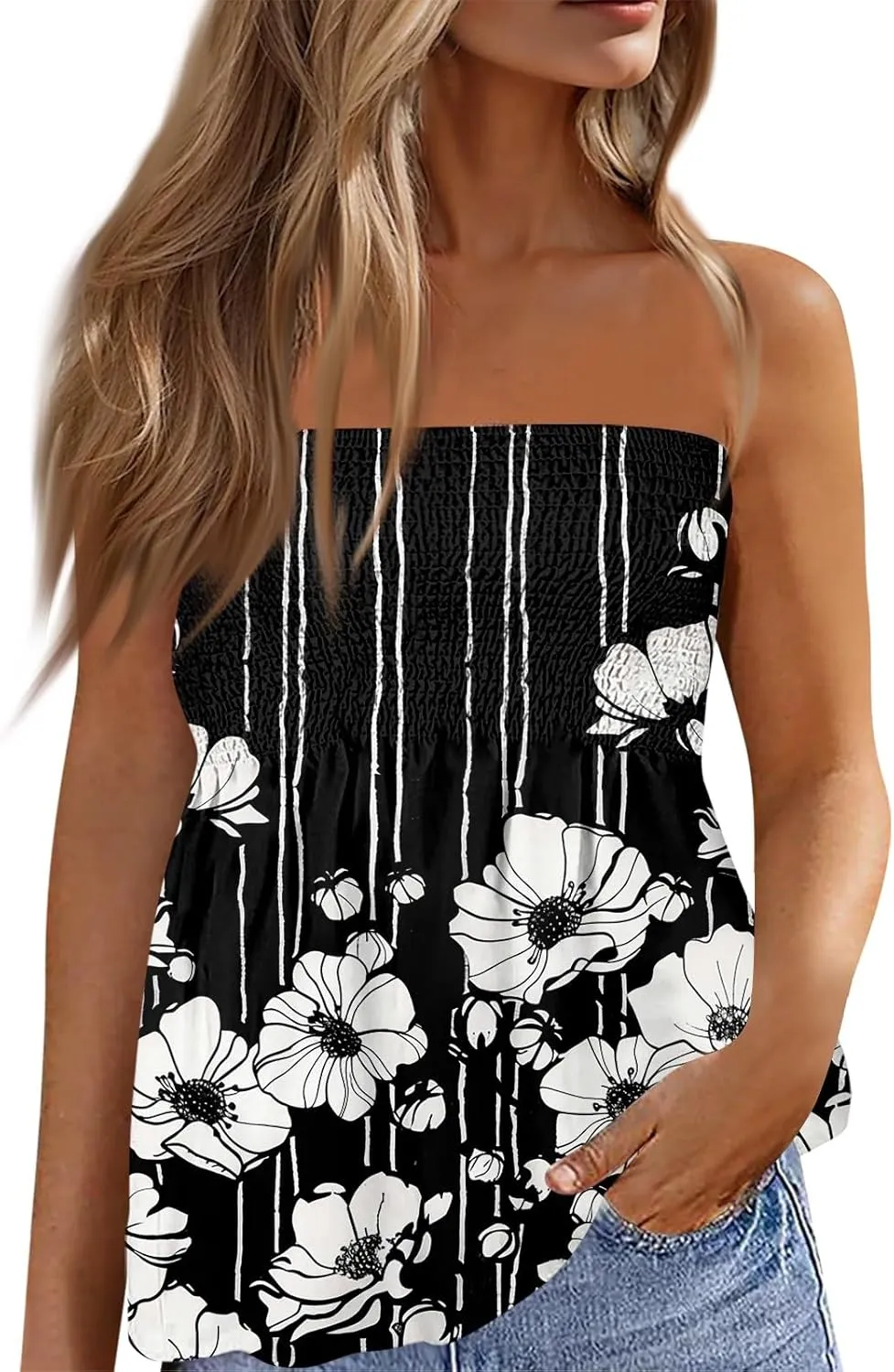 Tube Tops for Women Beach Off Shoulder Shirts Sleeveless Sexy Tops Strapless Bandeau Print Smocked Ruffled T-Shirt