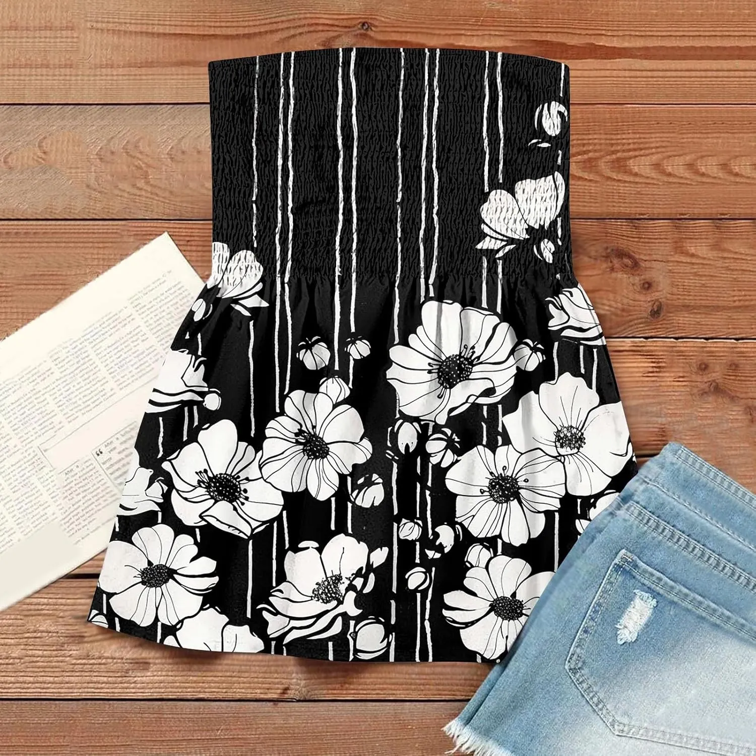 Tube Tops for Women Beach Off Shoulder Shirts Sleeveless Sexy Tops Strapless Bandeau Print Smocked Ruffled T-Shirt