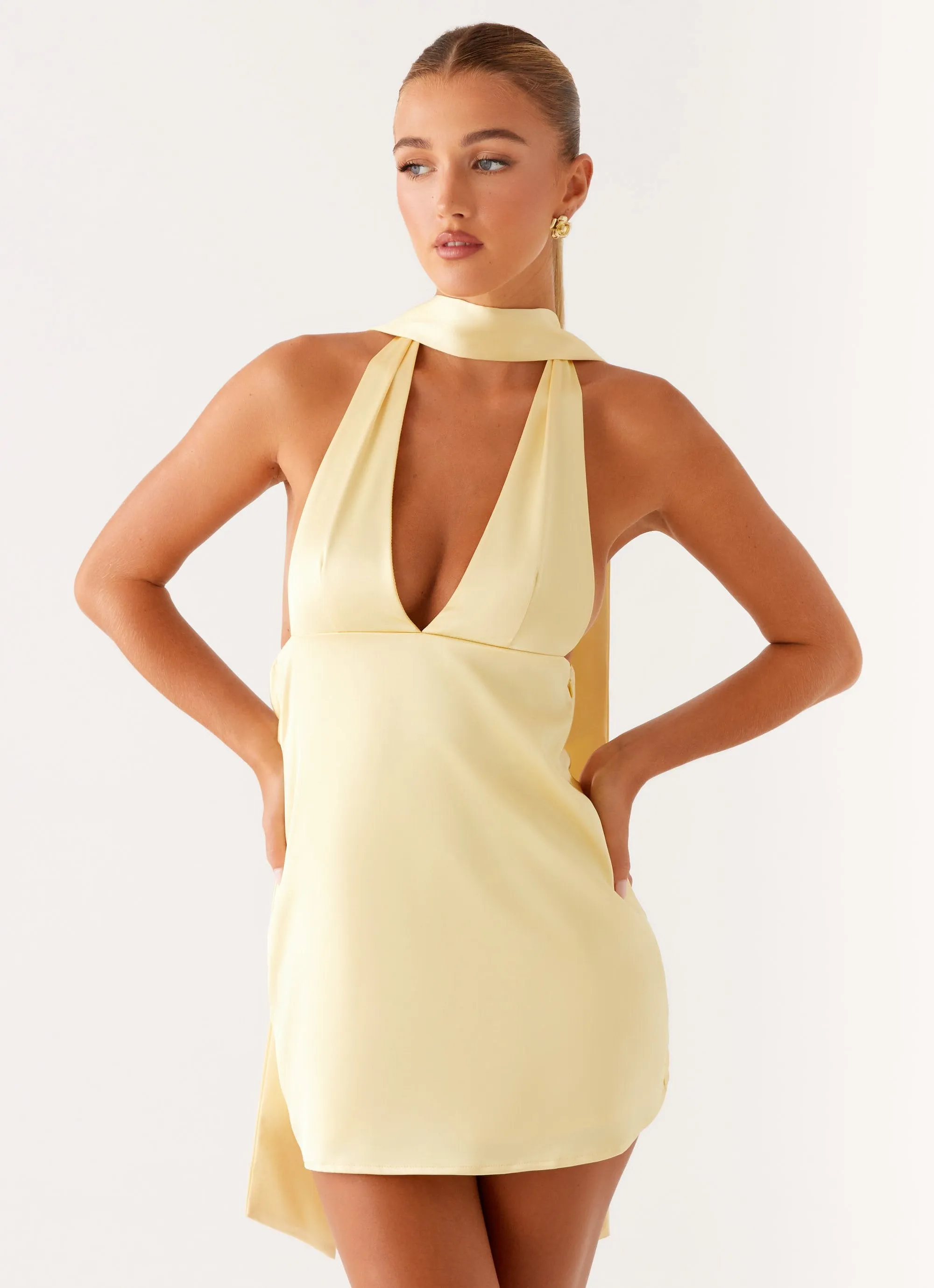 Alicia Satin Halter Mini Dress - Pastel Yellow Minimalist Style
