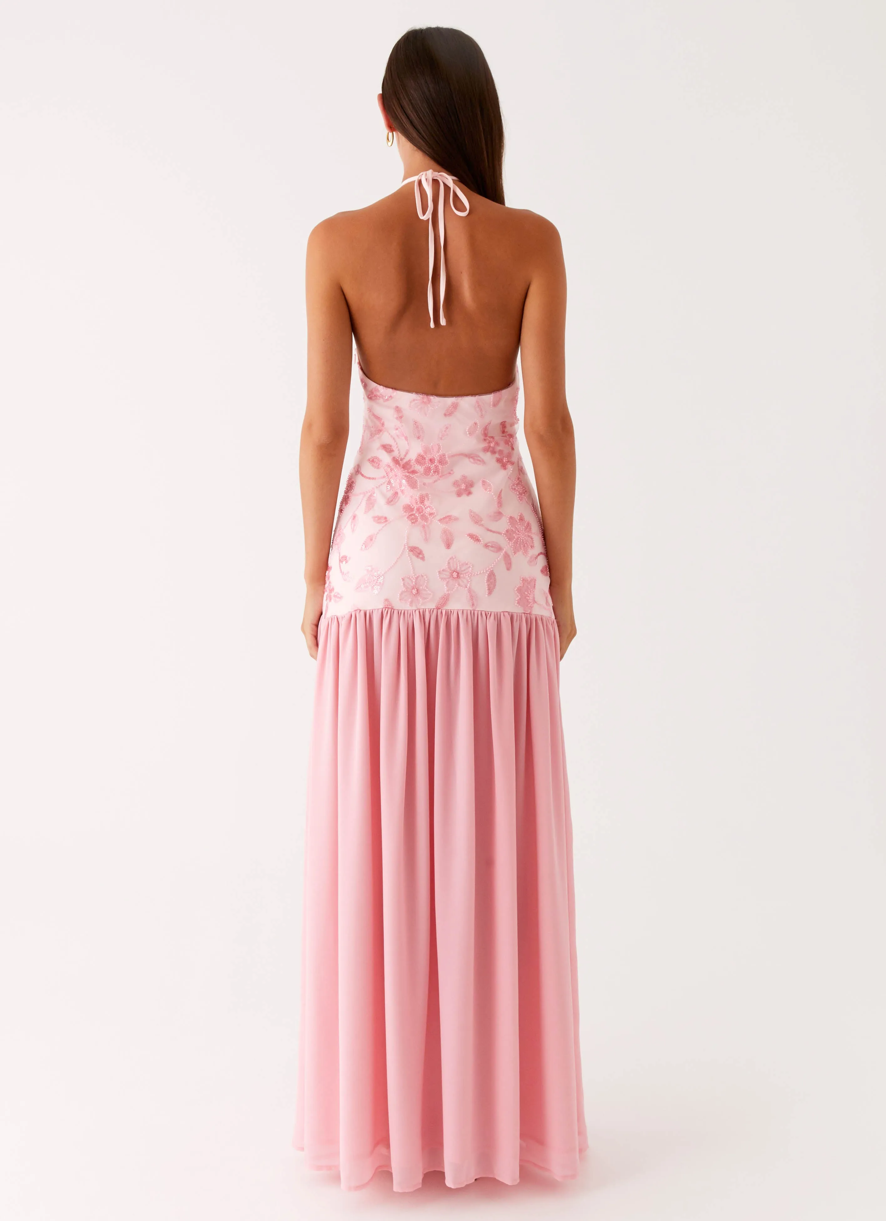Janelle Beaded Maxi Dress - Pink High Neck Plus Size Fit