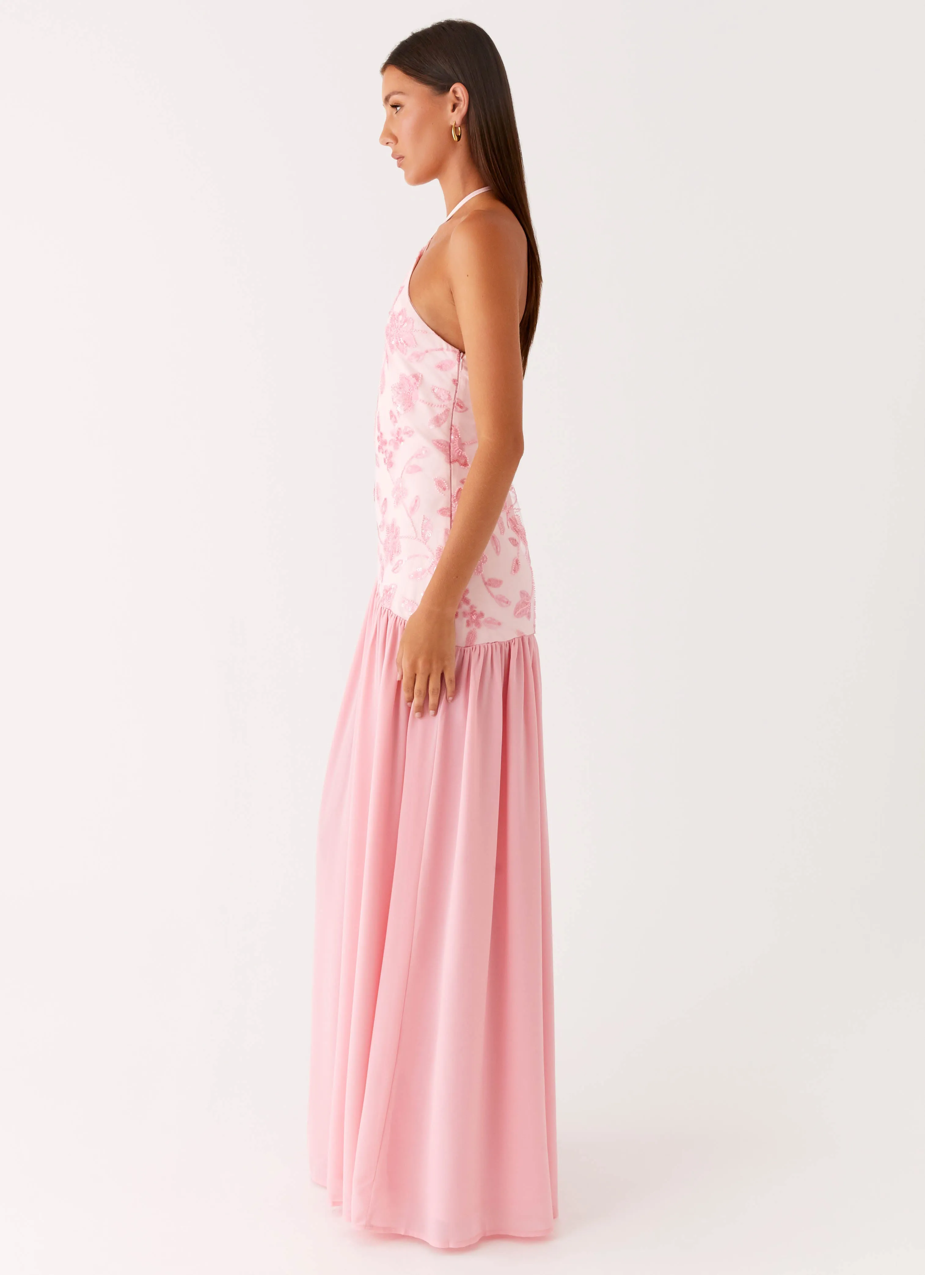Lightweight Construction High Neck Janelle Beaded Maxi Dress - Pink