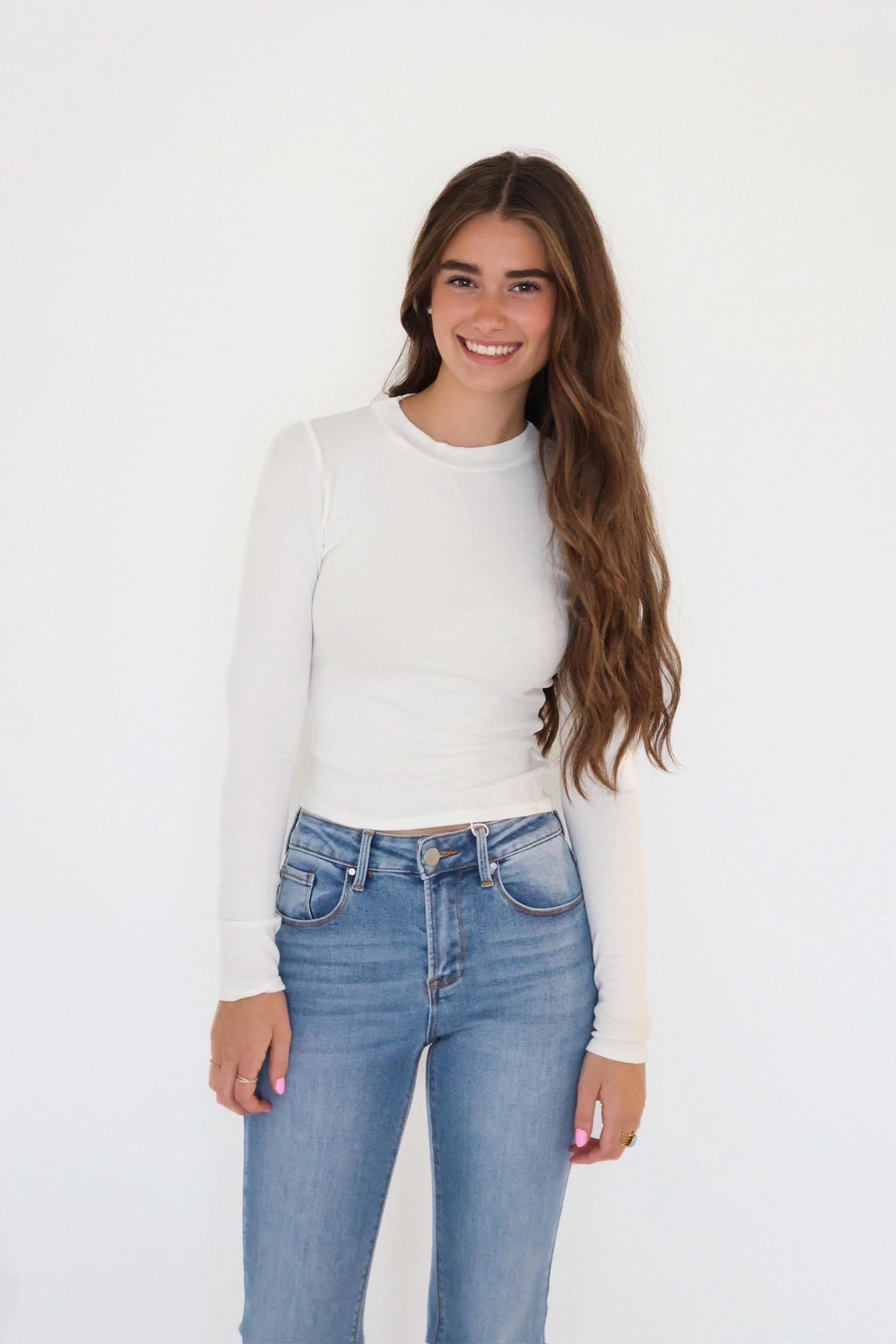 Rohnan Crewneck Top - White Rolled Hem Detailing