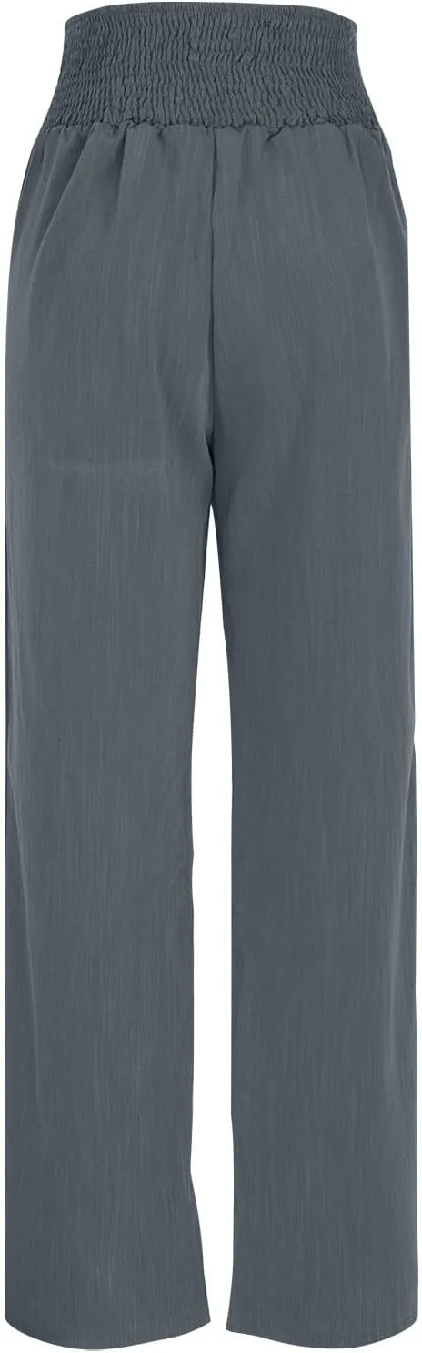 TUNUSKAT Womens Cotton Linen Palazzo Pants Summer Boho Flowy Wide Leg Trousers Lounge Elastic High Waisted Travel Slacks