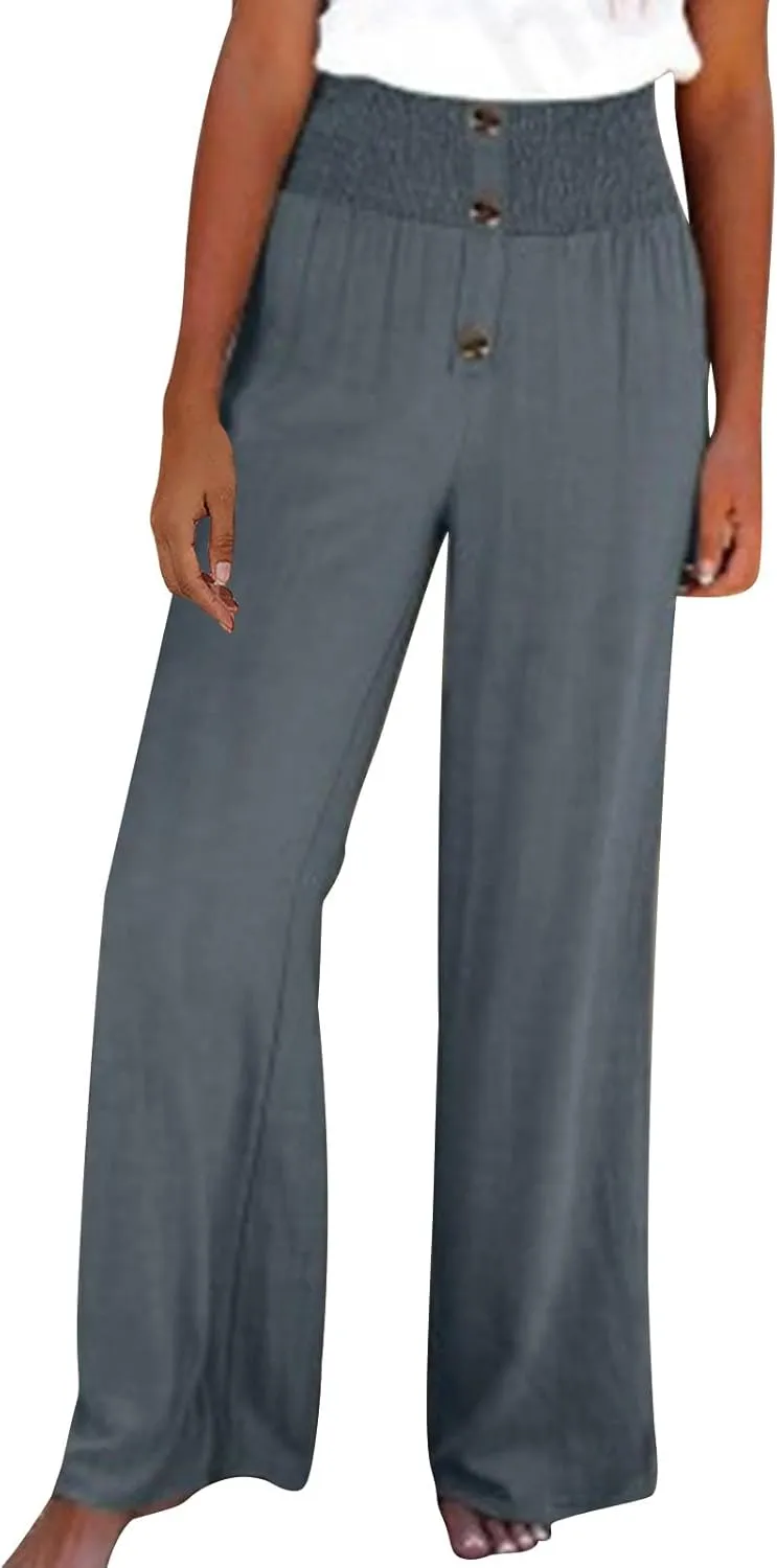 TUNUSKAT Womens Cotton Linen Palazzo Pants Summer Boho Flowy Wide Leg Trousers Lounge Elastic High Waisted Travel Slacks