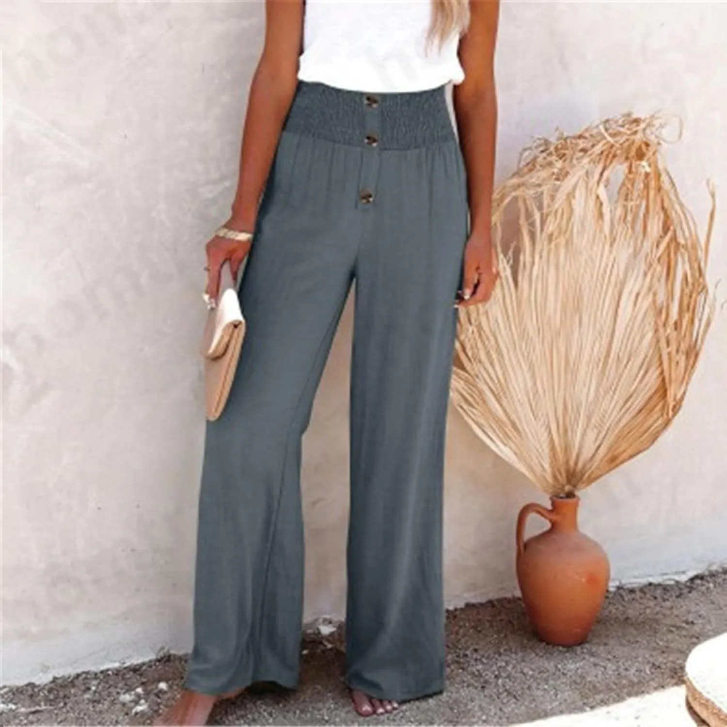 TUNUSKAT Womens Cotton Linen Palazzo Pants Summer Boho Flowy Wide Leg Trousers Lounge Elastic High Waisted Travel Slacks