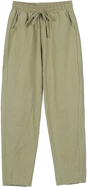 TUNUSKAT Womens Linen Capri Pants for Summer Lounge Elastic High Waisted Dress Capris Straight Leg 7/8 Trousers Beach Slacks