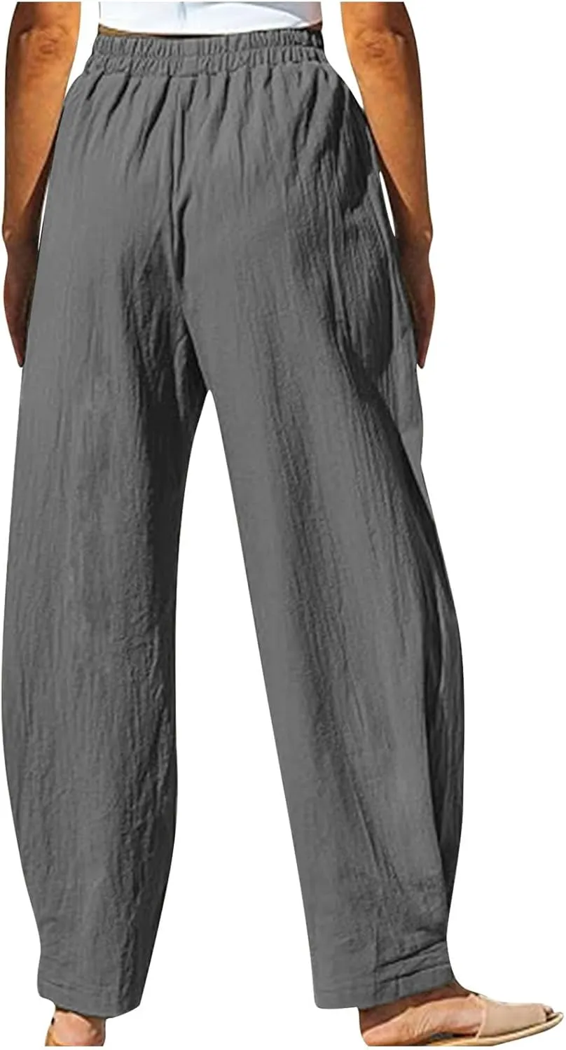 TUNUSKAT Womens Straight Leg Pants with Pockets Summer Lounge Faux Linen Trousers High Waisted Beach Slacks Vacation Outfits