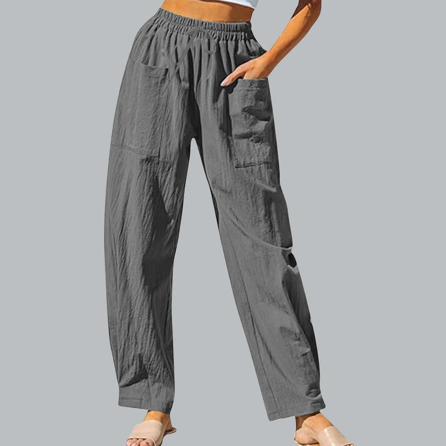 TUNUSKAT Womens Straight Leg Pants with Pockets Summer Lounge Faux Linen Trousers High Waisted Beach Slacks Vacation Outfits