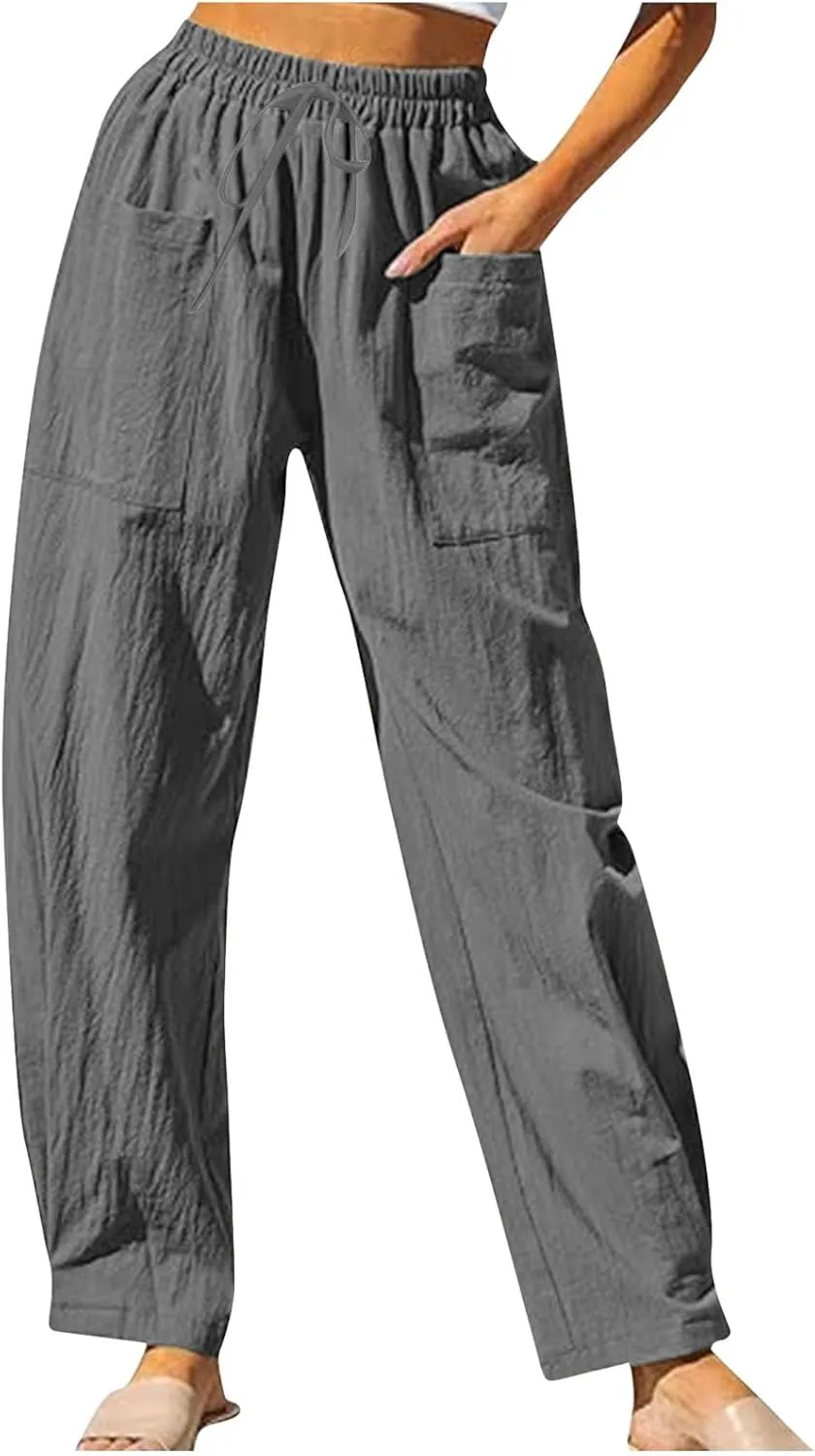 TUNUSKAT Womens Straight Leg Pants with Pockets Summer Lounge Faux Linen Trousers High Waisted Beach Slacks Vacation Outfits