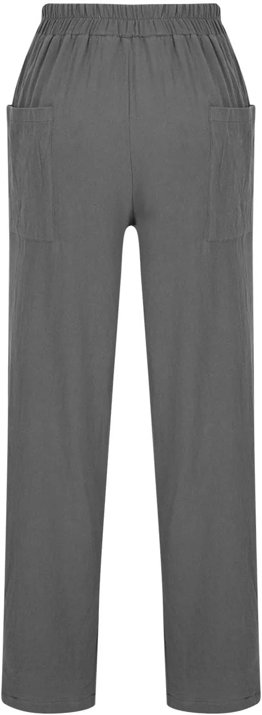 TUNUSKAT Womens Straight Leg Pants with Pockets Summer Lounge Faux Linen Trousers High Waisted Beach Slacks Vacation Outfits