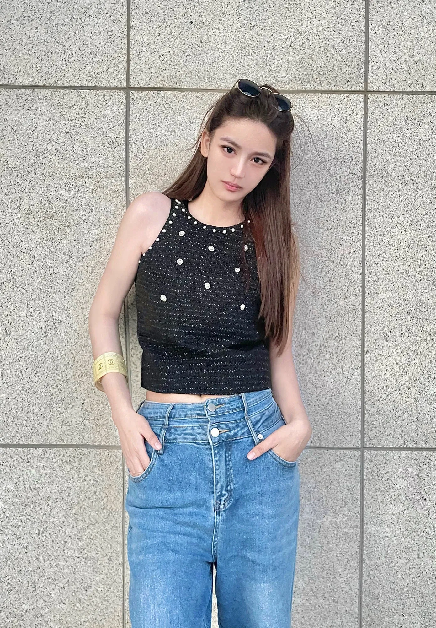 Tweed Pearl Tank Top in Black