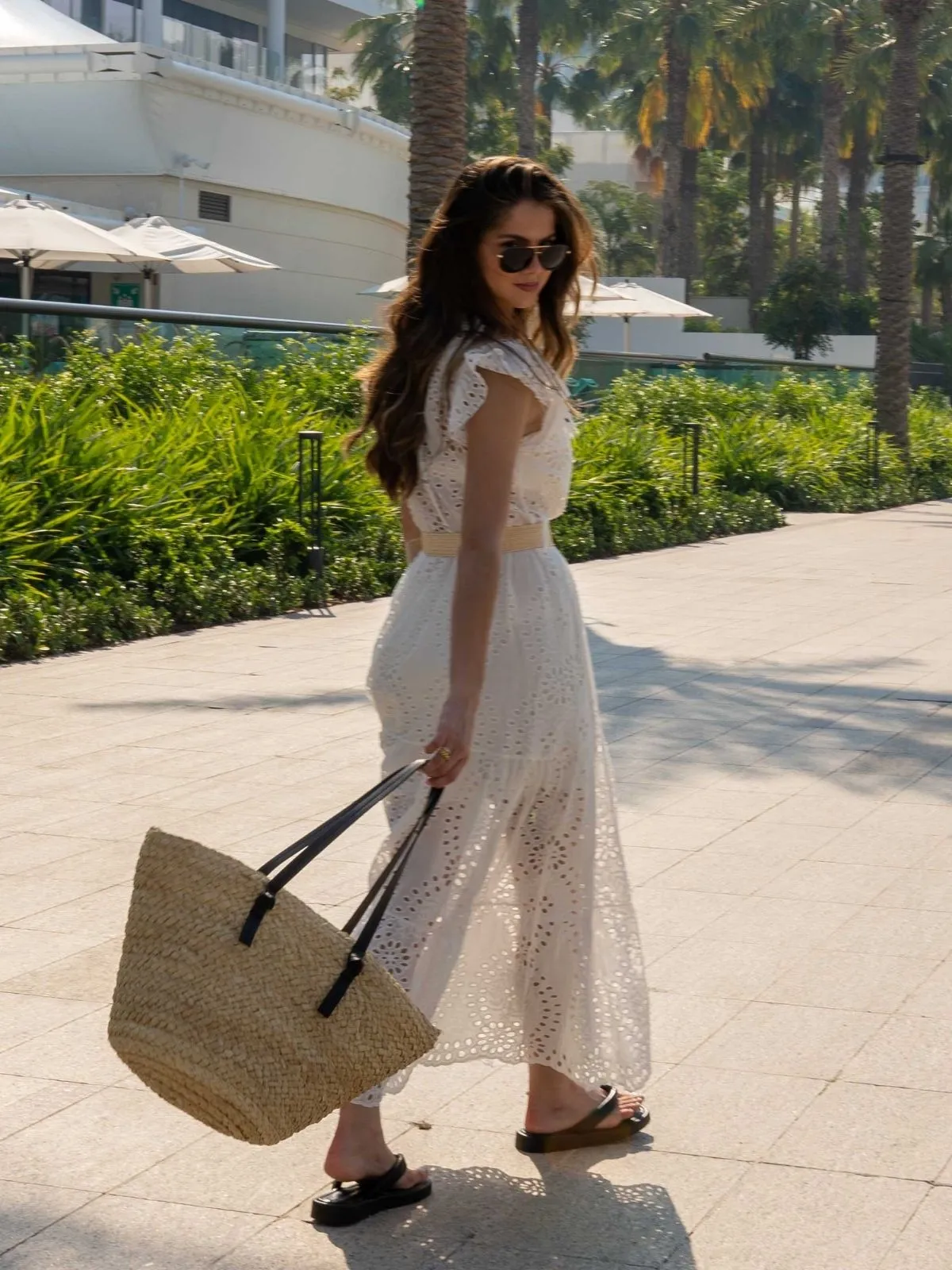 Mikaela Belted Broderie Midi Dress in White Timeless Edge