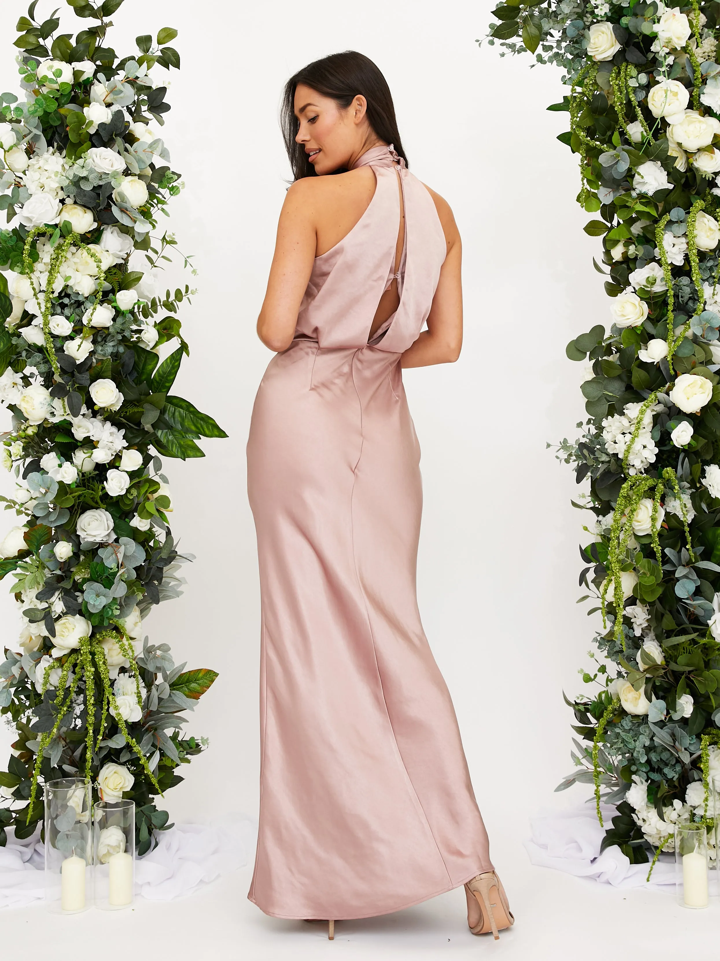 Stylish Feel Twist Neck Satin Maxi Dress / Blush