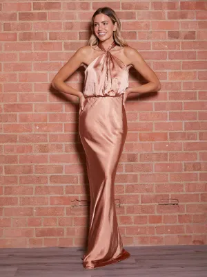 Waist-Cinching Twist Neck Satin Maxi Dress / Bronze