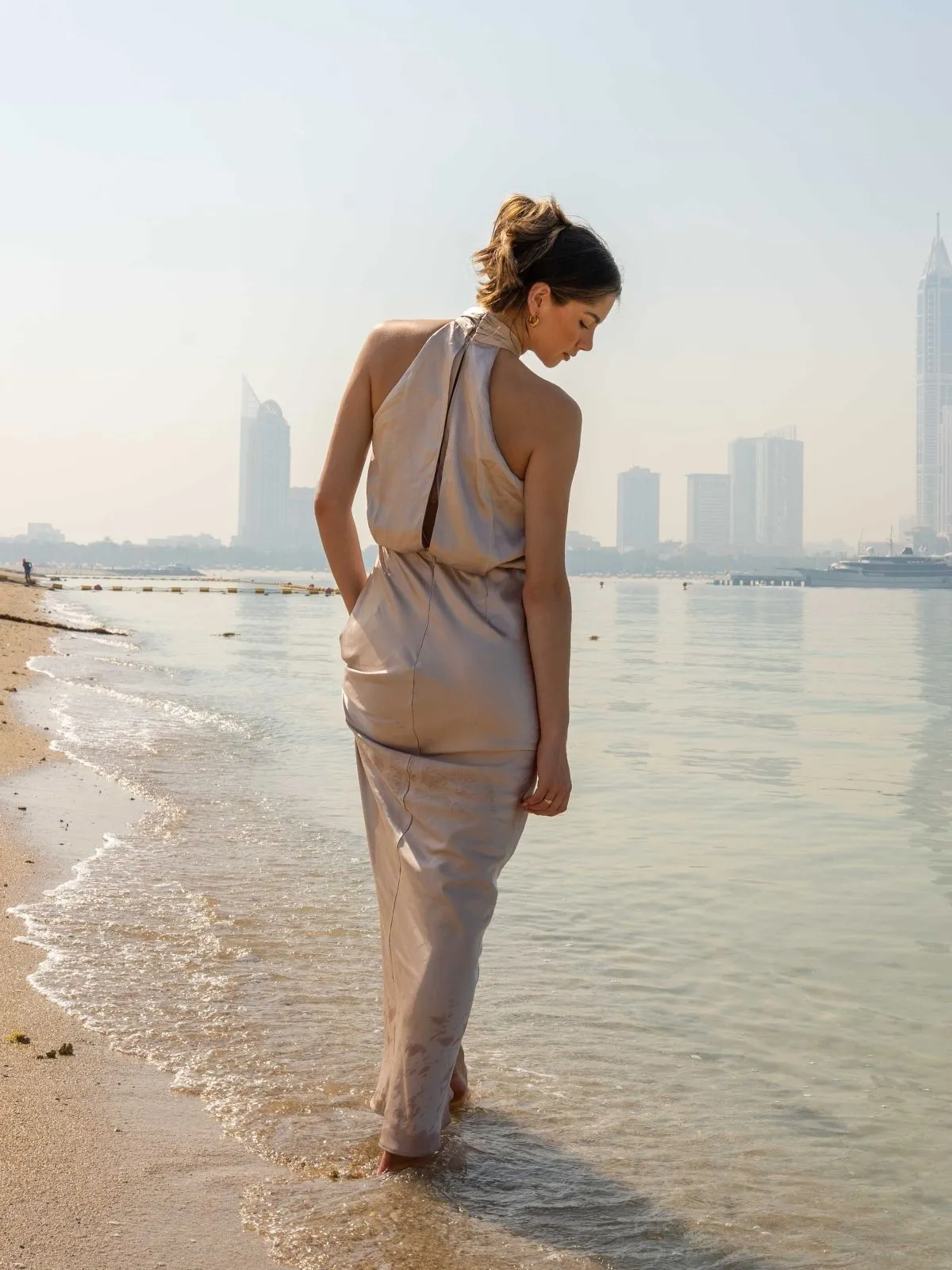 Twist Neck Satin Maxi Dress / Champagne Crisp Look