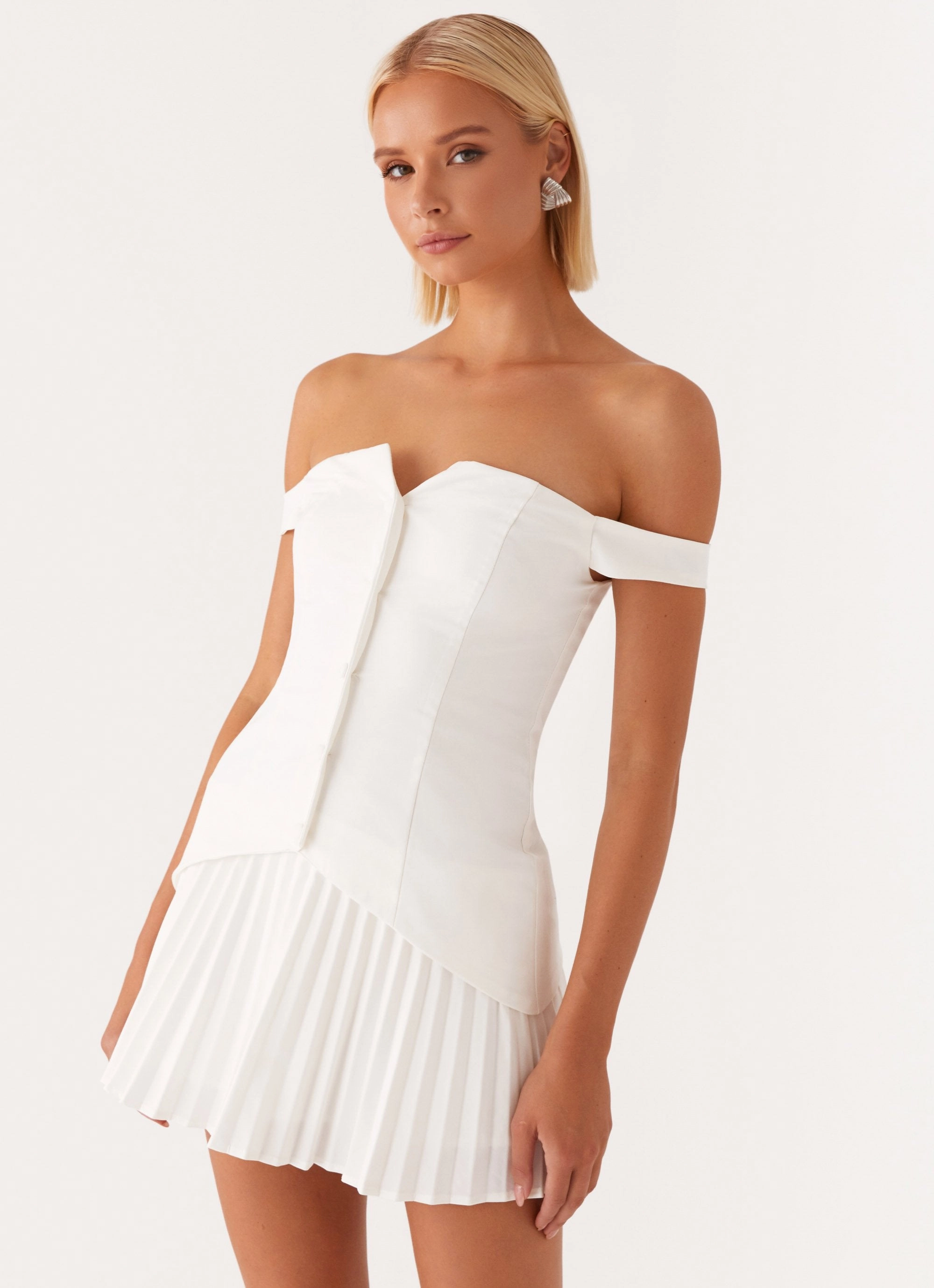 Twisted Skies Off Shoulder Mini Dress - Off White Petite-Size Gemstone-Detail